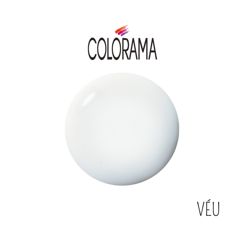 The Colorama Regular Nail Polish Clear White 8 ml features "Colorama" in a stylized font with "Clear White" elegantly displayed, emphasizing its hypoallergenic and vegan formula.