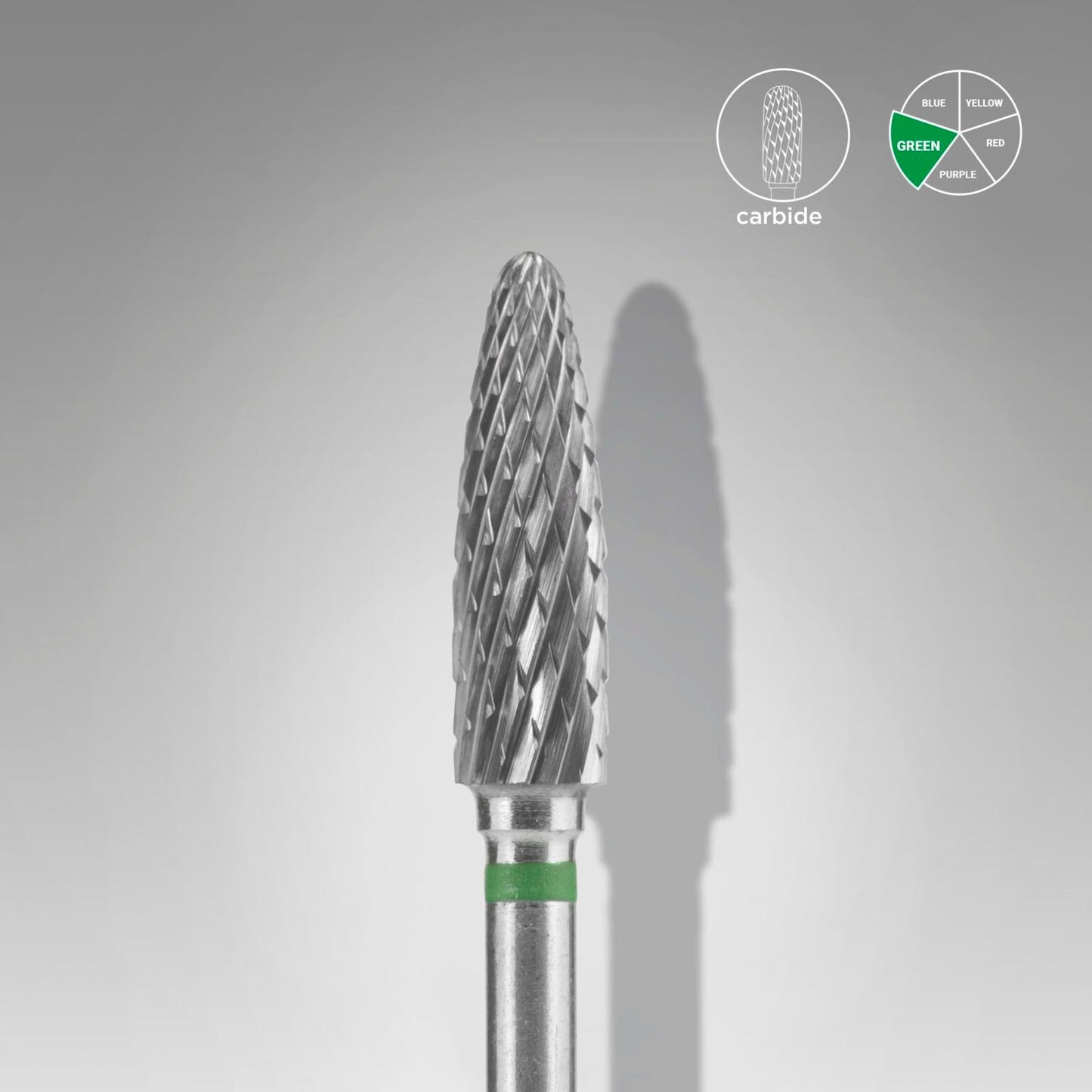 The STALEKS PRO Carbide Nail Drill Bit Corn Green (4 mm head, 14 mm working part) by Staleks has a pointed, spiral-cut tip ideal for gel polish and artificial nails removal. A diagram highlights the green color code in the top right corner.