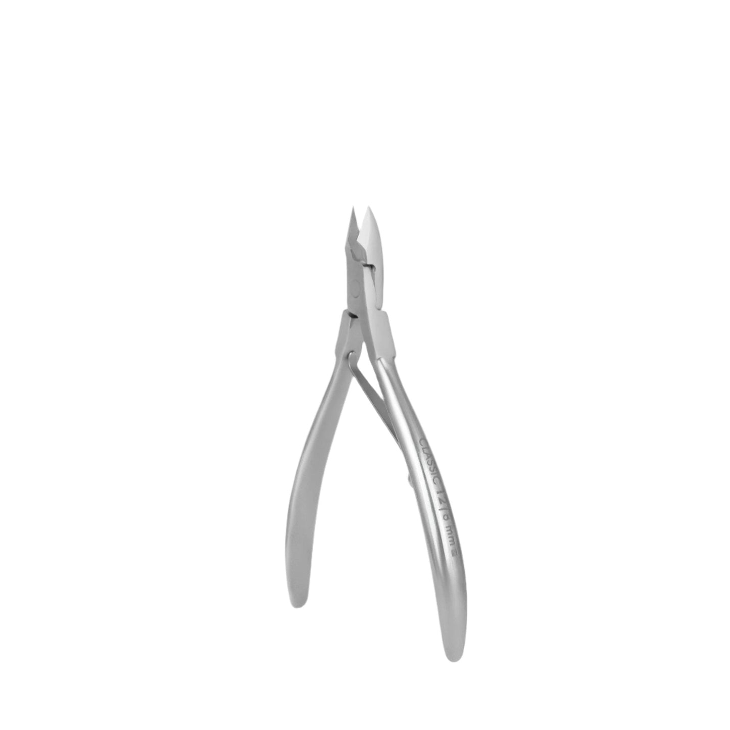 The Staleks PRO Cuticle Nippers CLASSIC 12 (8 mm) feature ergonomic stainless steel construction with pointed blades and curved handles, shown upright against a white background—ideal for precise manicure and pedicure.