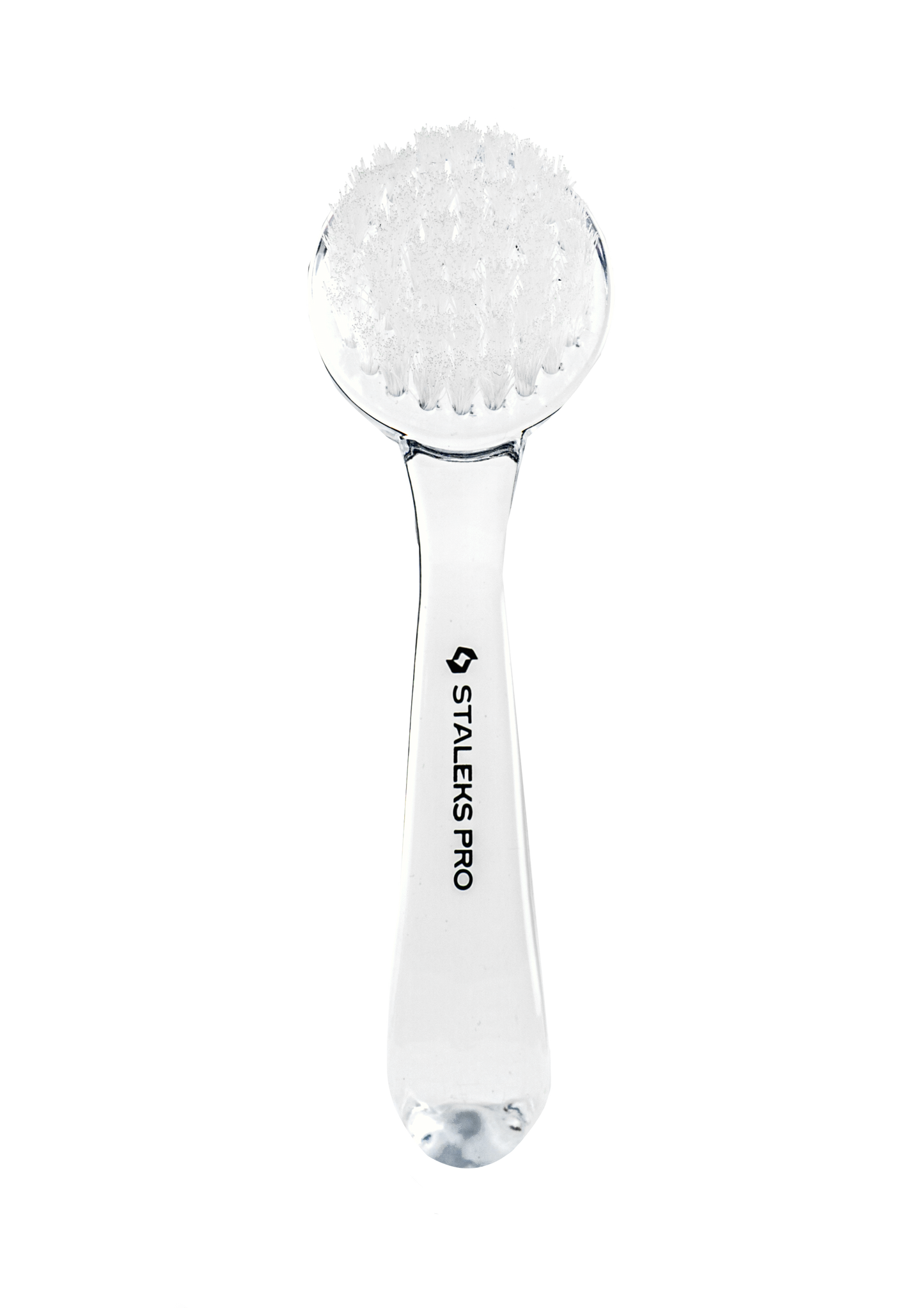The STALEKS PRO Manicure Brush EXPERT 01 for Dust Removal features a clear handle, dense synthetic bristles, a protective cover, and "Staleks" branding on the handle, displayed against a black background.