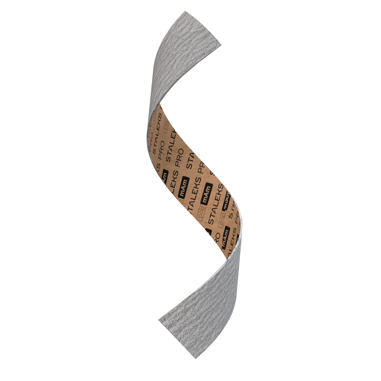 A twisted STALEKS PRO Disposable papmAm file for the Smart 22 straight nail file (50 pcs), featuring a gray textured outside and tan inside with black logos, floats against a white background—perfect for manicure and pedicure routines.