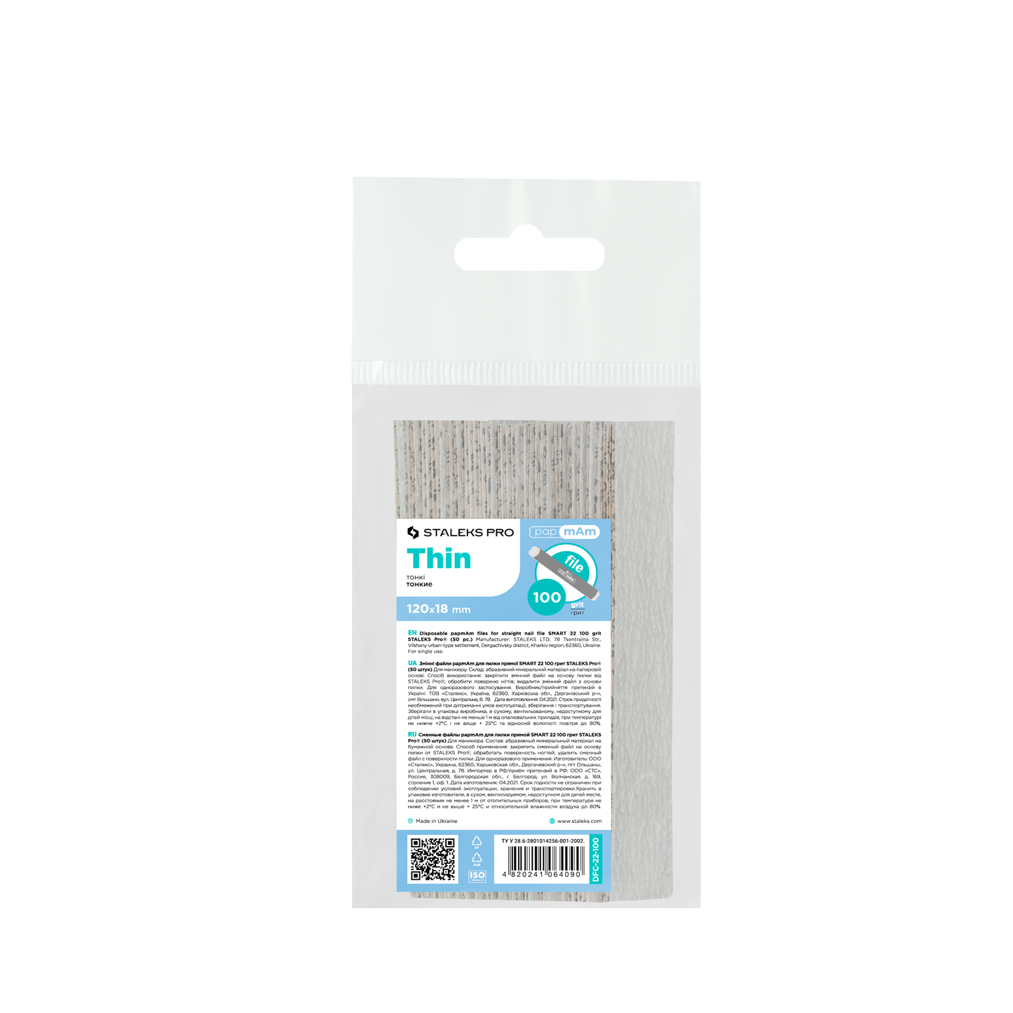 A 50-pack of STALEKS PRO Disposable papmAm files for straight nail file Smart 22, 120/180 grit, with aluminum oxide abrasives, a clear window to view the file, and a blue and white manicure/pedicure label on the front.