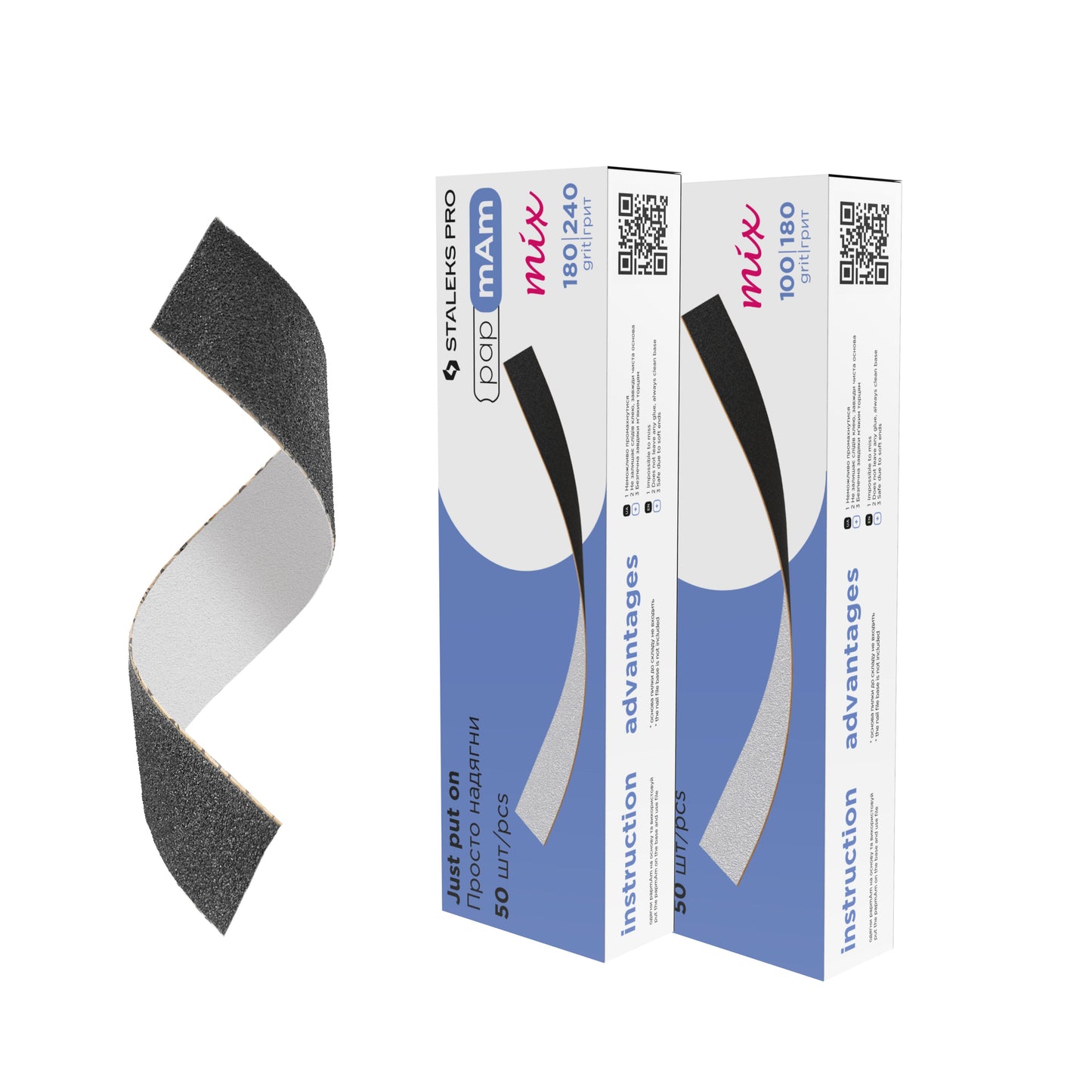 A black disposable abrasive strip for manicures and pedicures is shown next to two blue-and-white Staleks Oregon "STALEKS PRO Disposable Double-Sided Files PapmAm Mix Expert 22 (50 pcs)" boxes with product info, QR codes, and file images.
