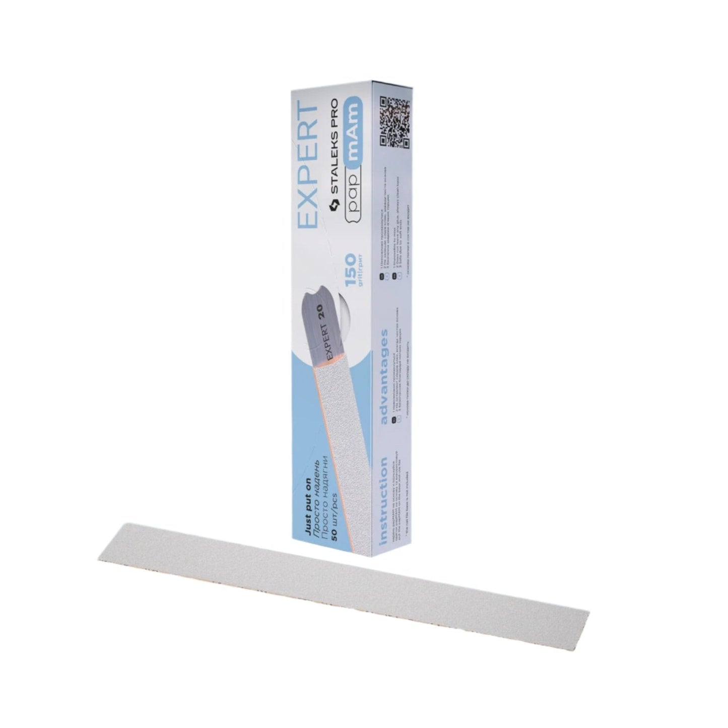 A rectangular white STALEKS PRO Disposable PapmAm nail file for artificial nails is displayed before its upright packaging, which is mostly white with blue accents and labeled "EXPERT 22" and "Staleks Pro" along with more product details.