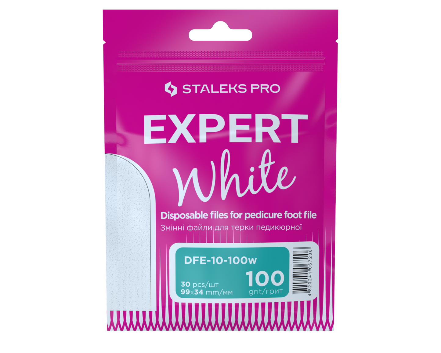 A pink and white package labeled "STALEKS PRO Refill Pads for Pedicure Foot File Expert 10" by Staleks contains 30 disposable 100 grit pads (99×34 mm), with English and Ukrainian text.