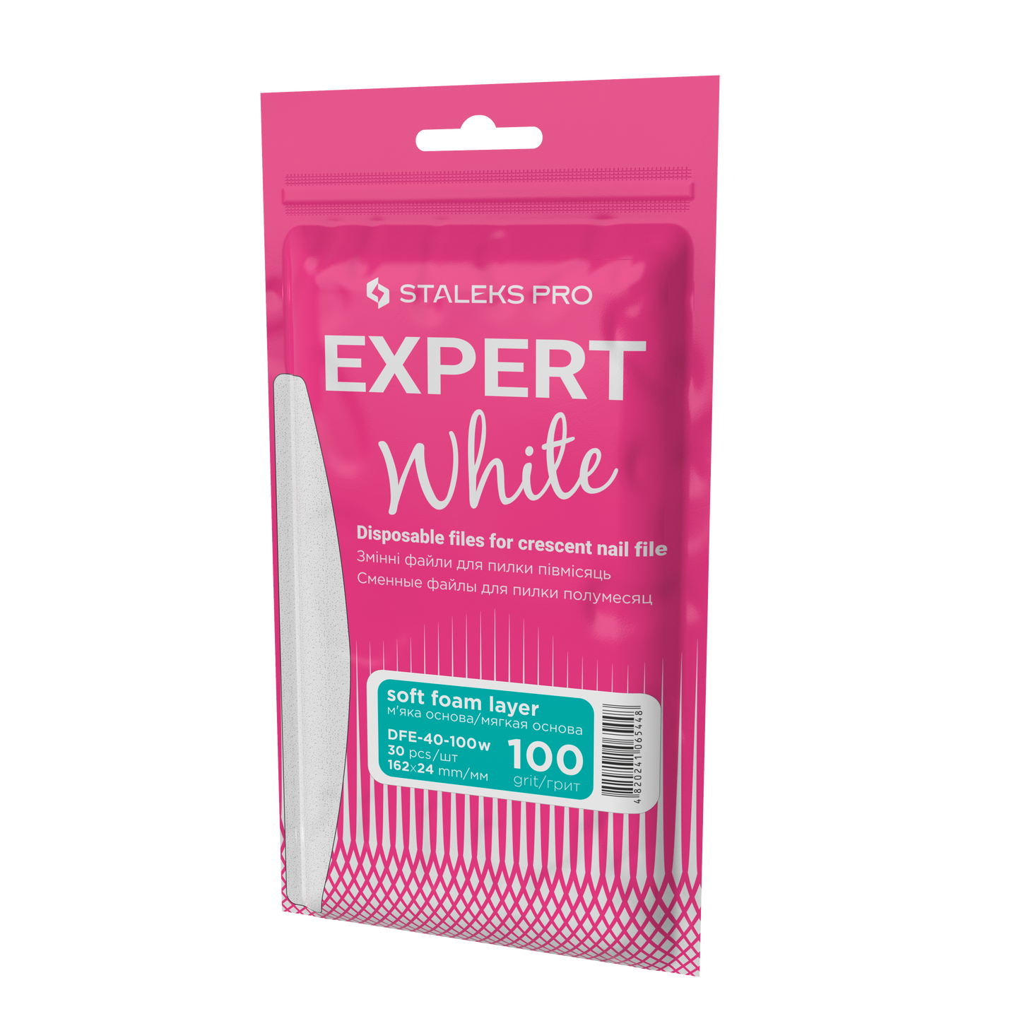 The Staleks PRO EXPERT 40 Disposable White Files (30 pcs) are for crescent nail files, feature a soft foam layer and 100 grit abrasive, and come in bilingual packaging with English and Russian specifications.