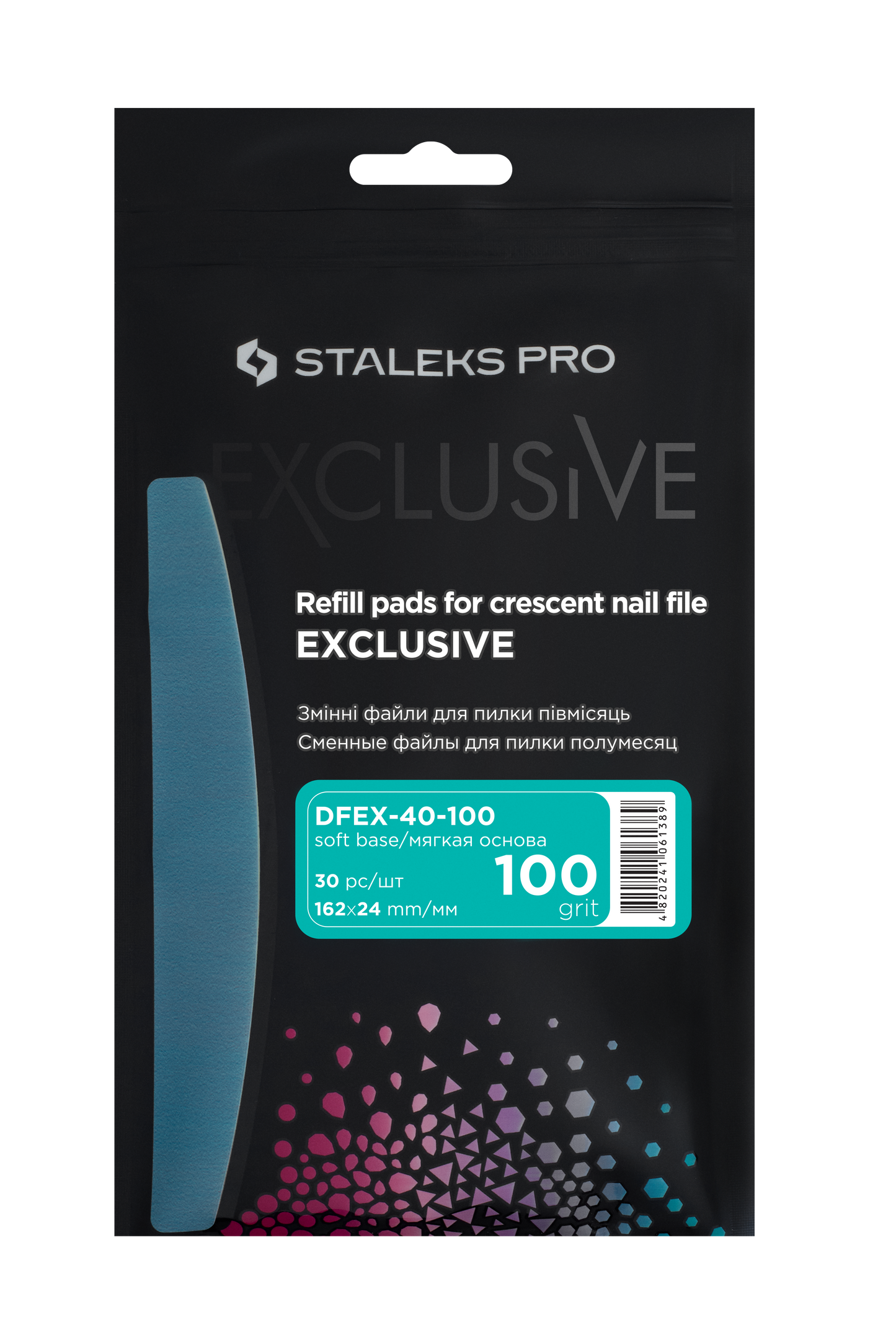 A black packet labeled "STALEKS PRO Disposable files for crescent nail file (soft base) 30 pcs EXCLUSIVE 40," containing abrasive nail files made of silicon carbide with a 100-grit rating, featuring a blue file and multicolored geometric shapes.