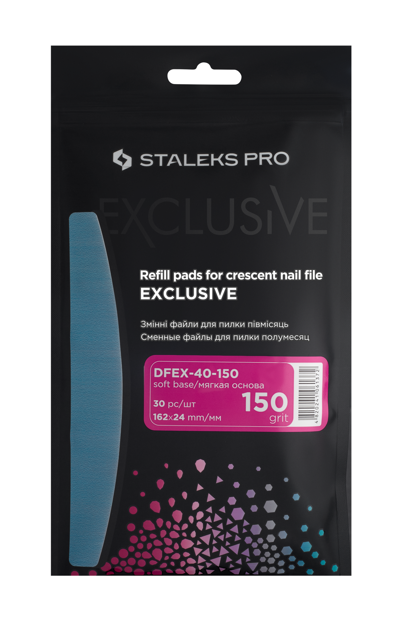 A package of Staleks STALEKS PRO Disposable files for crescent nail file (soft base) 30 pcs EXCLUSIVE 40, displaying a black and hot pink design, marked with 150 abrasive grit, and adorned with a colorful triangular pattern at the