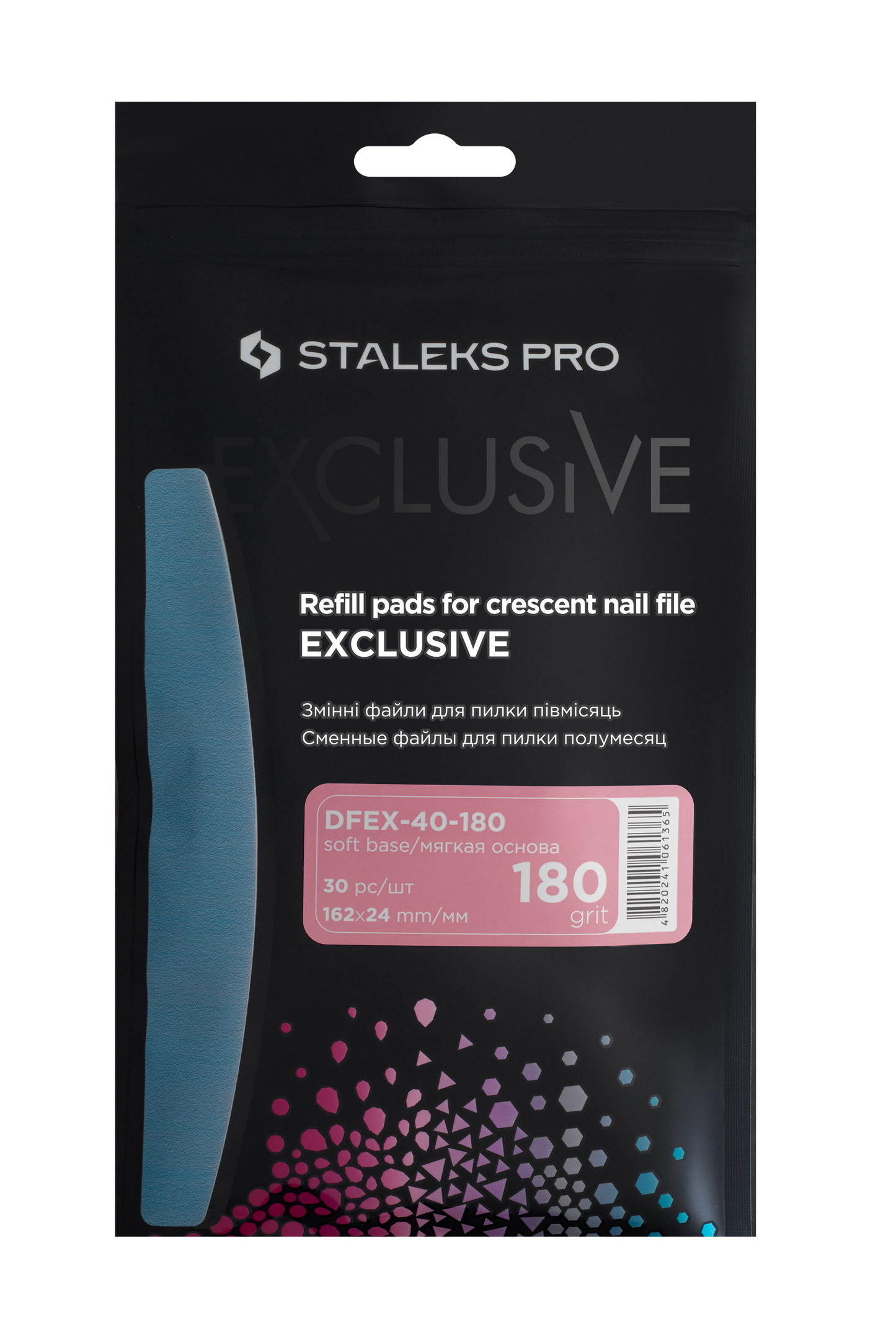 A black packaging of Staleks Pro Exclusive Disposable files for crescent nail file (soft base) 30 pcs EXCLUSIVE 40 with text and details in white and pink, displaying the file's silicon carbide abrasive grit number and size. Colorful triangle graphics accent the lower