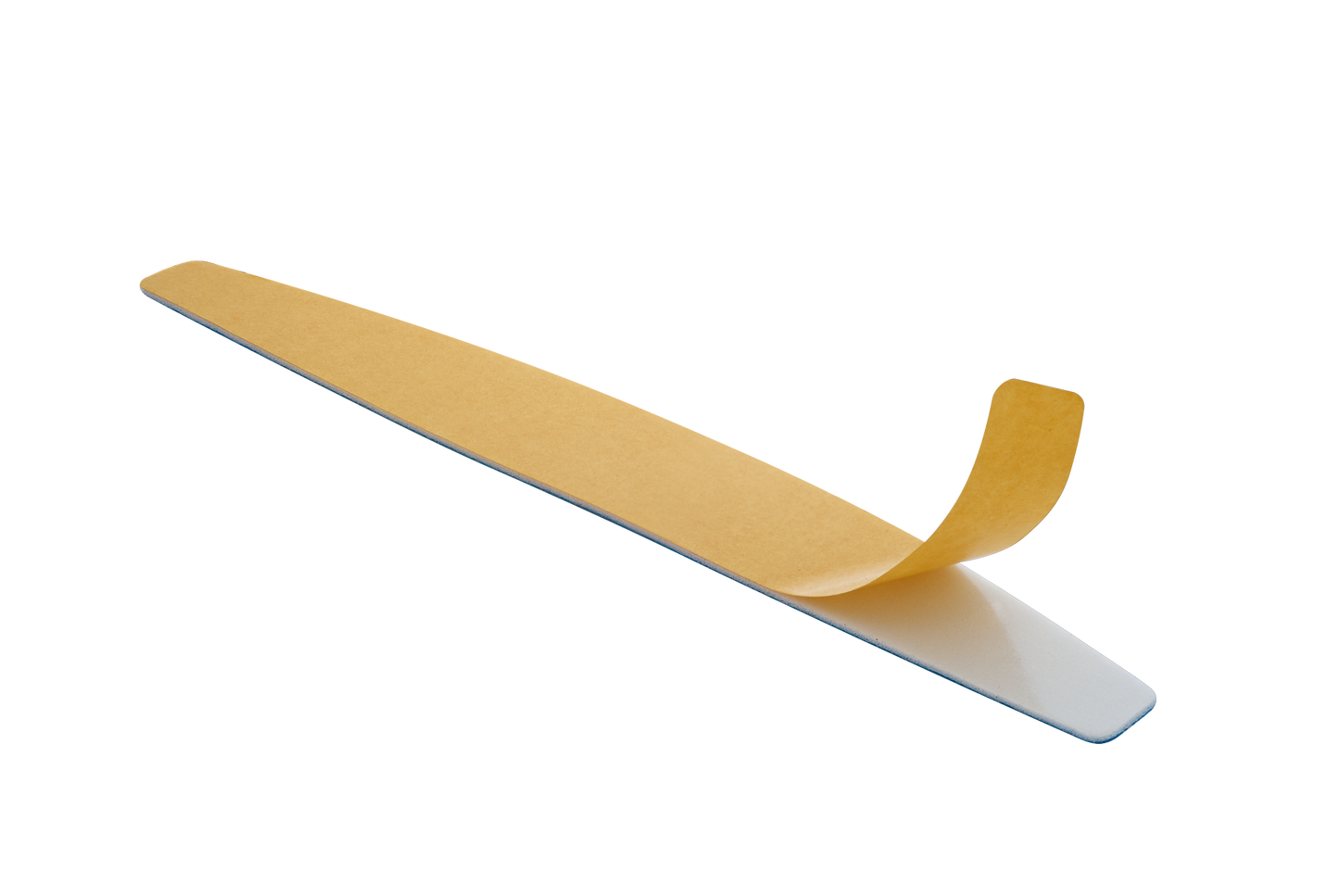 A piece of Staleks adhesive tape partially peeled off from a white surface with the sticky side visible, set against a dual-colored beige and blue background containing abrasive grit.