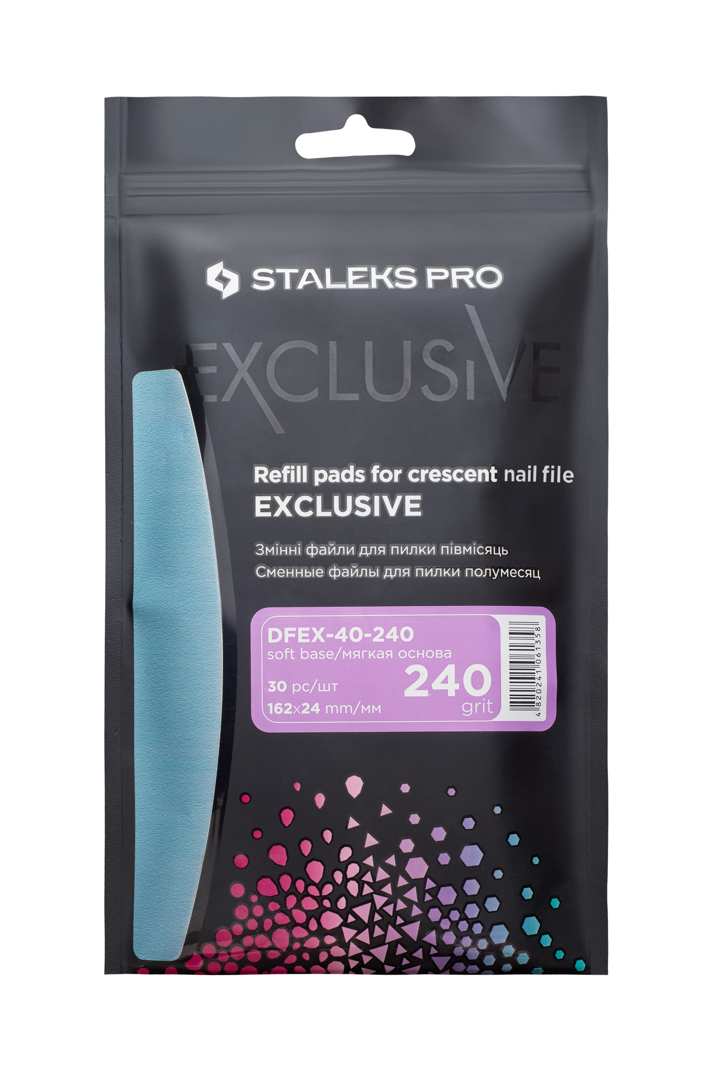 A package of Staleks Pro Exclusive Disposable files for crescent nail file (soft base) 30 pcs EXCLUSIVE 40, featuring text in English and Russian, displaying a 240 abrasive grit label. The package is black with colorful triangular designs at