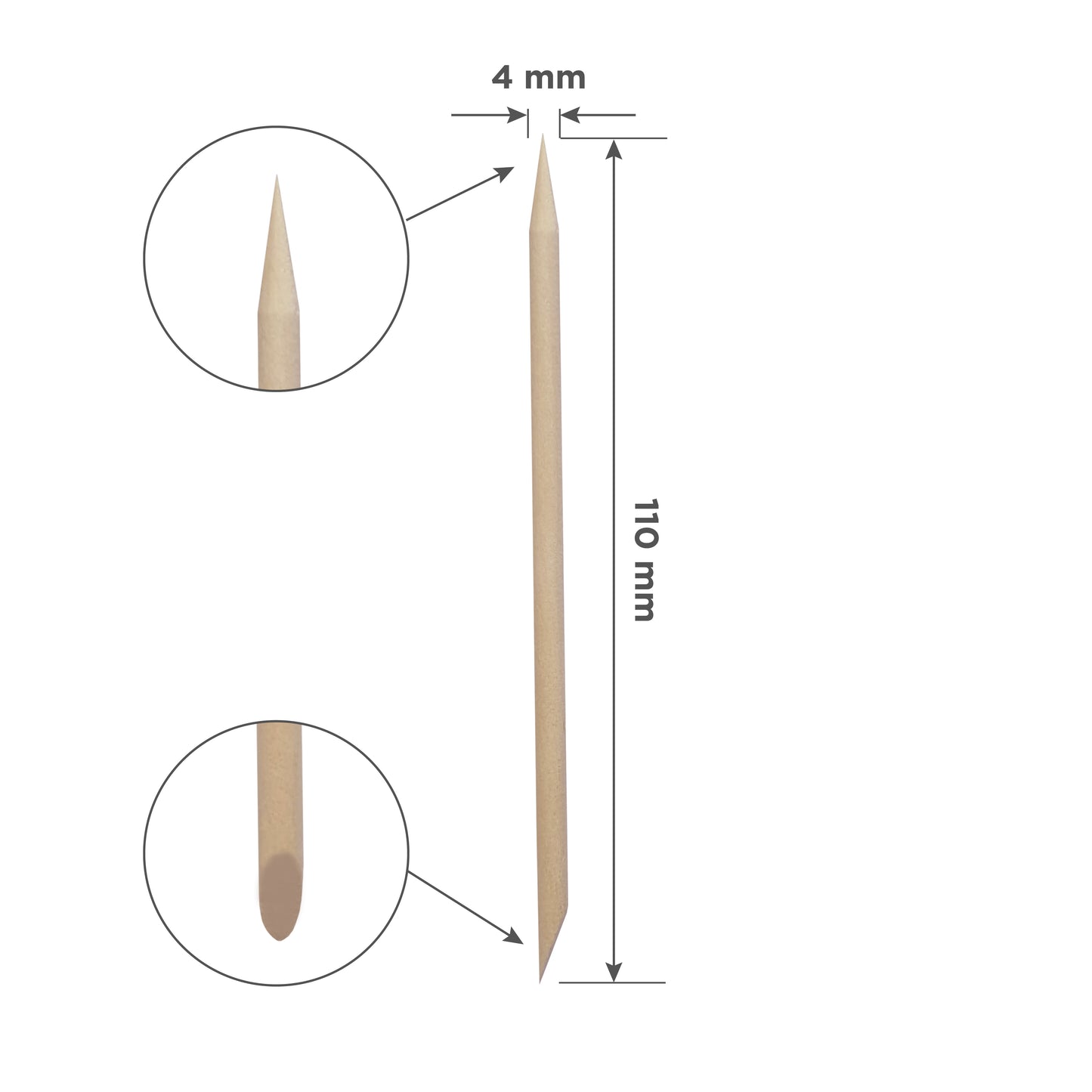 Illustration of a Staleks PRO Orange stick for manicure wooden 110 mm (100 pcs), side and zoomed-in views shown. It has a pointed end and a flat end, with dimensions 4 mm wide and 110 mm long annotated.