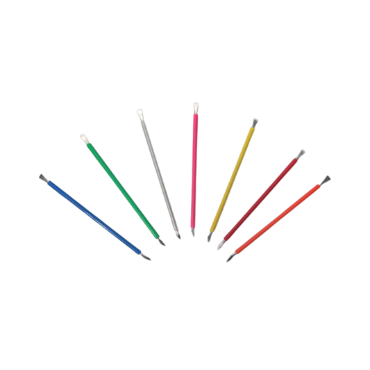 A collection of seven sleek ISIS CUTELARIA spatulas with multi-colored silicone covers—white, green, blue, gray, pink, yellow, and red—are elegantly displayed on a white background. Each spatula is equipped with a stainless steel tip for durability and precision.