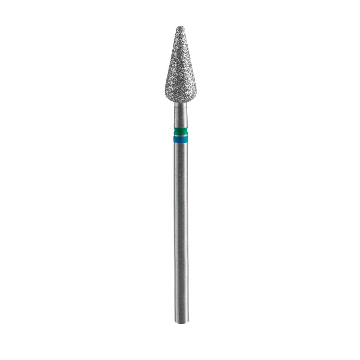 A close-up of the Staleks STALEKS PRO Diamond Nail Drill Bit DUO Pointed Pear Blue-Green EXPERT, featuring a 5 mm diameter, 12 mm working part, diamond-coated conical tip, and smooth handle, isolated on a black background.