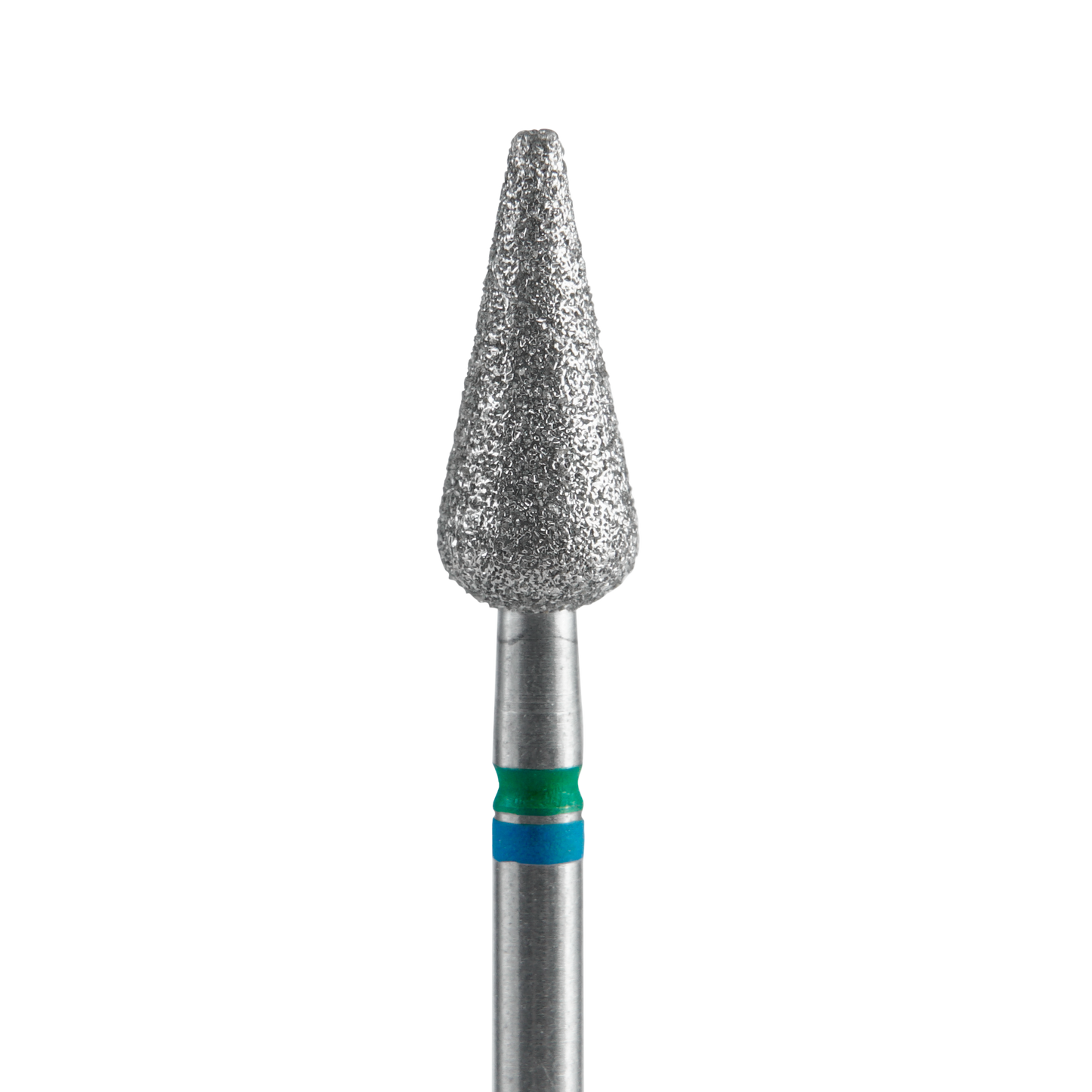 A close-up of the Staleks STALEKS PRO Diamond Nail Drill Bit DUO Pointed Pear Blue-Green EXPERT, featuring a 5mm head and 12mm working part, with a conical diamond-coated tip and blue-green bands against a black background.
