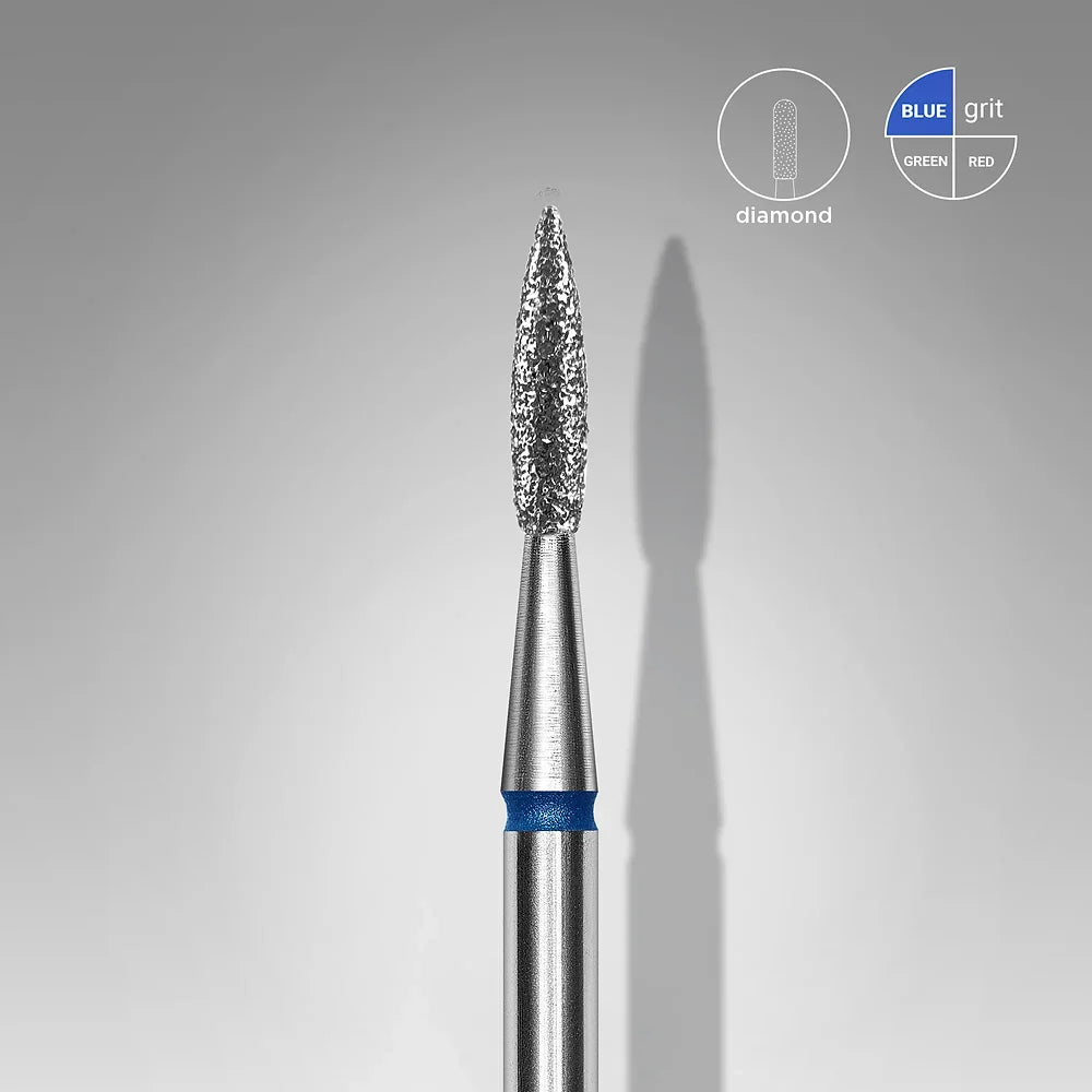A close-up of the Staleks STALEKS PRO Diamond Nail Drill Bit Pointed "Flame" (1.8 mm head, 8 mm working length) shows its tapered tip and blue band; a diagram displays grit options: blue (medium), green (coarse), red (fine).