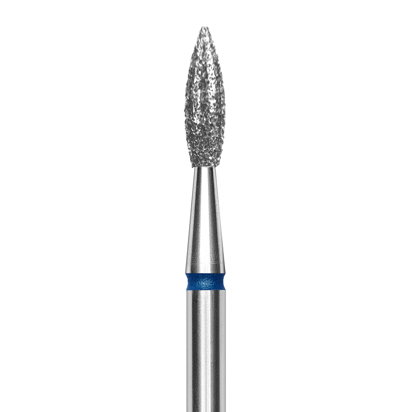 A close-up of the Staleks STALEKS PRO Diamond Nail Drill Bit Pointed (Flame), EXPERT, with a 2.3 mm head and 8 mm working part, featuring a textured tip and blue band handle, displayed against a black background.