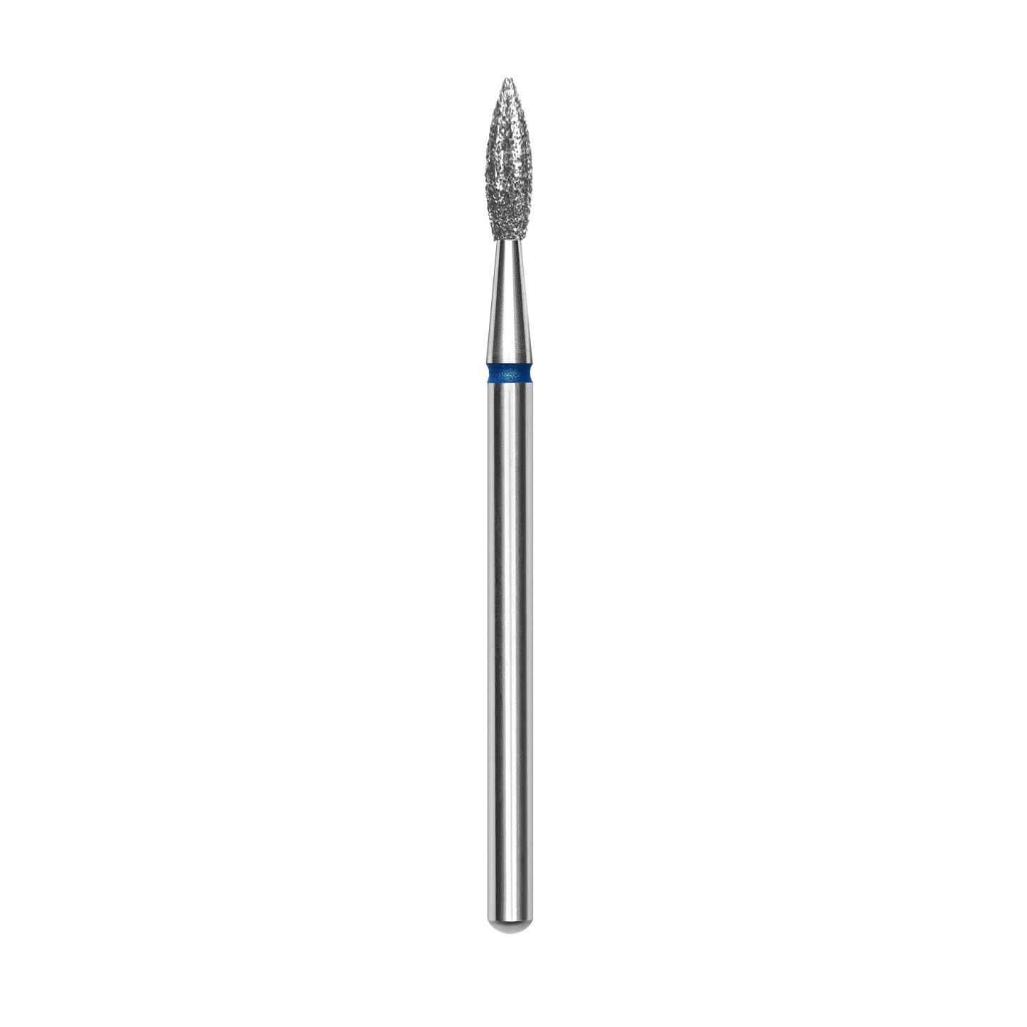 The STALEKS PRO Diamond Nail Drill Bit Pointed (Flame) by Staleks features a 2.3 mm head and 8 mm working part, with a sterilization-resistant design and a tapered diamond-coated tip, shown against a black background.
