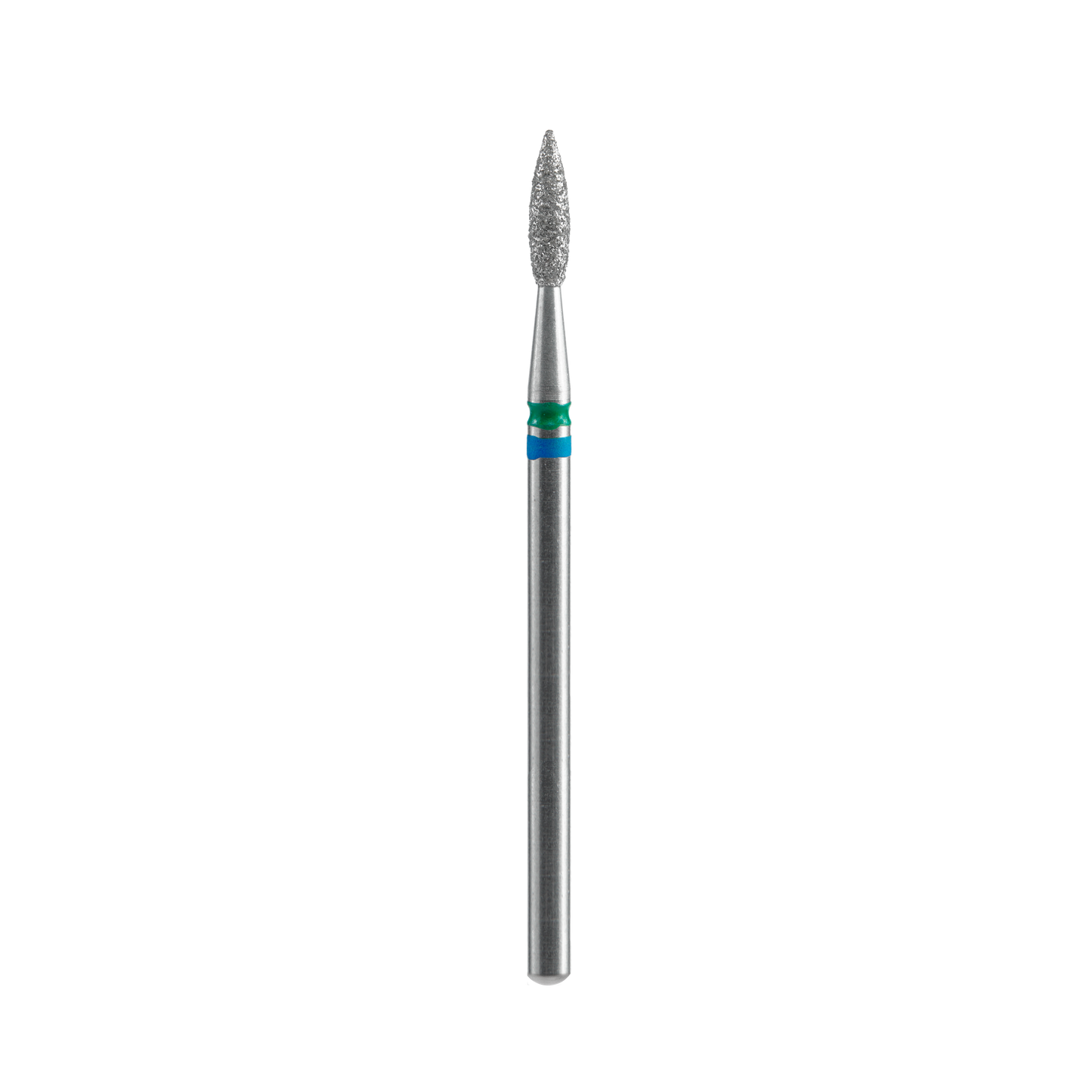 The Staleks STALEKS PRO Diamond Nail Drill Bit DUO Flame Blue-Green EXPERT (2.1 mm head, 8 mm working part) is shown on a white background, featuring a pointed, textured tip and smooth cylindrical handle for precise shaping and grinding.