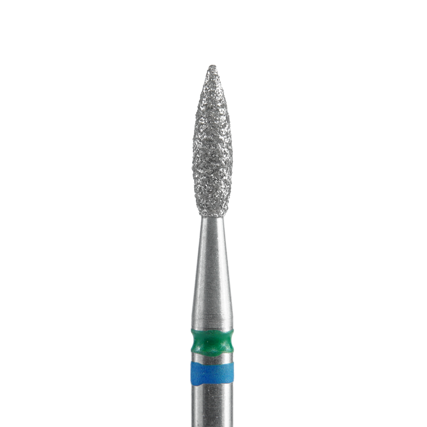 A close-up of the Staleks PRO Diamond Nail Drill Bit DUO Flame Blue-Green EXPERT, featuring a 2.1 mm head, 8 mm working part, metallic handle, diamond coating, and distinctive blue-green bands against a black background.
