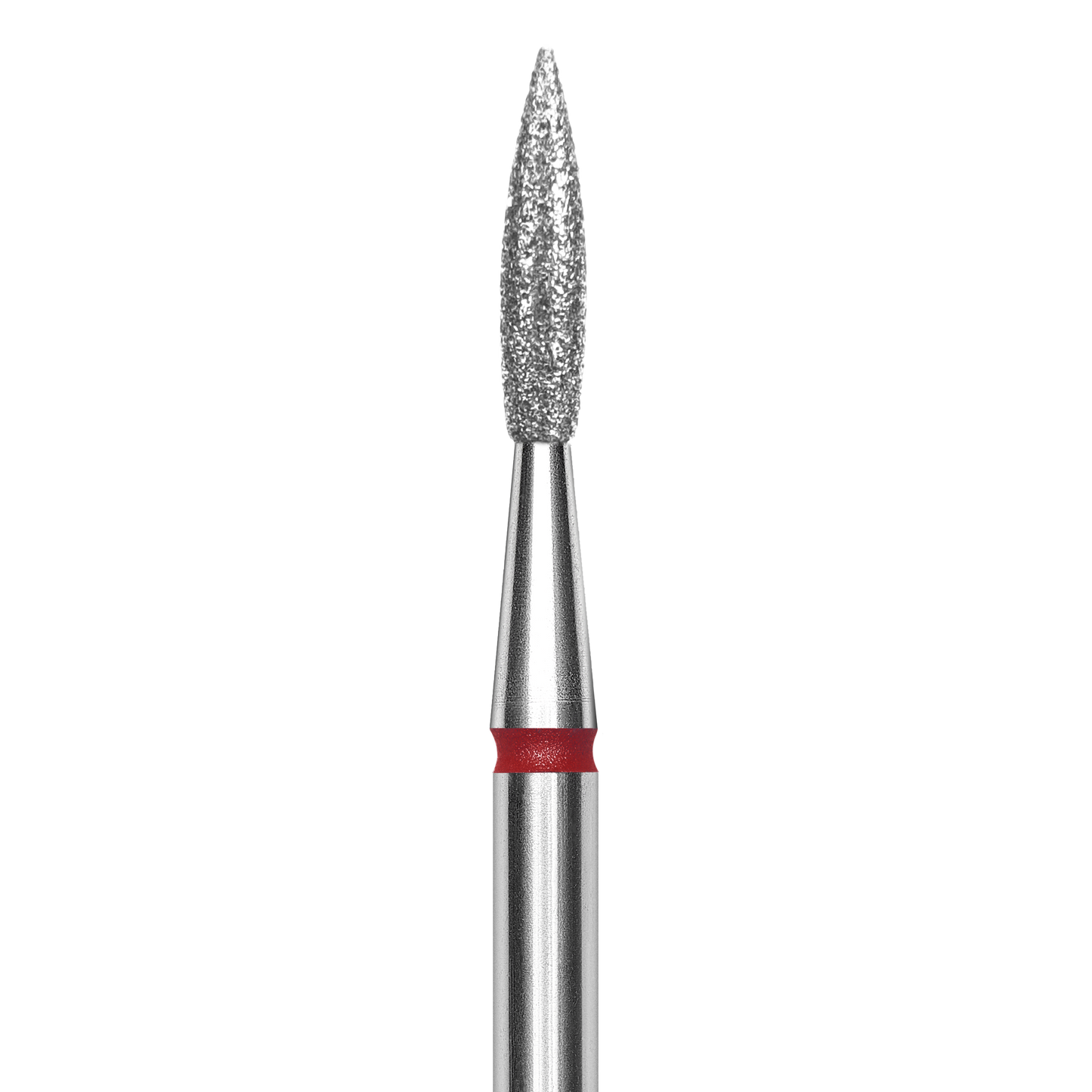 A close-up of the Staleks STALEKS PRO Diamond Nail Drill Bit Pointed "Flame" (1.8 mm head, 8 mm working part), silver with a red band, ideal for mani/pedi and easy sterilization, set against a black background.