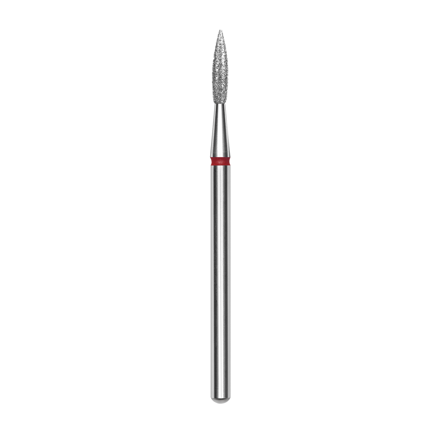 The STALEKS PRO Diamond Nail Drill Bit "Flame" (1.8mm head, 8mm working part) by Staleks features a pointed, tapered tip and metallic handle, shown vertically on a black background. Suitable for sterilization and disinfection.