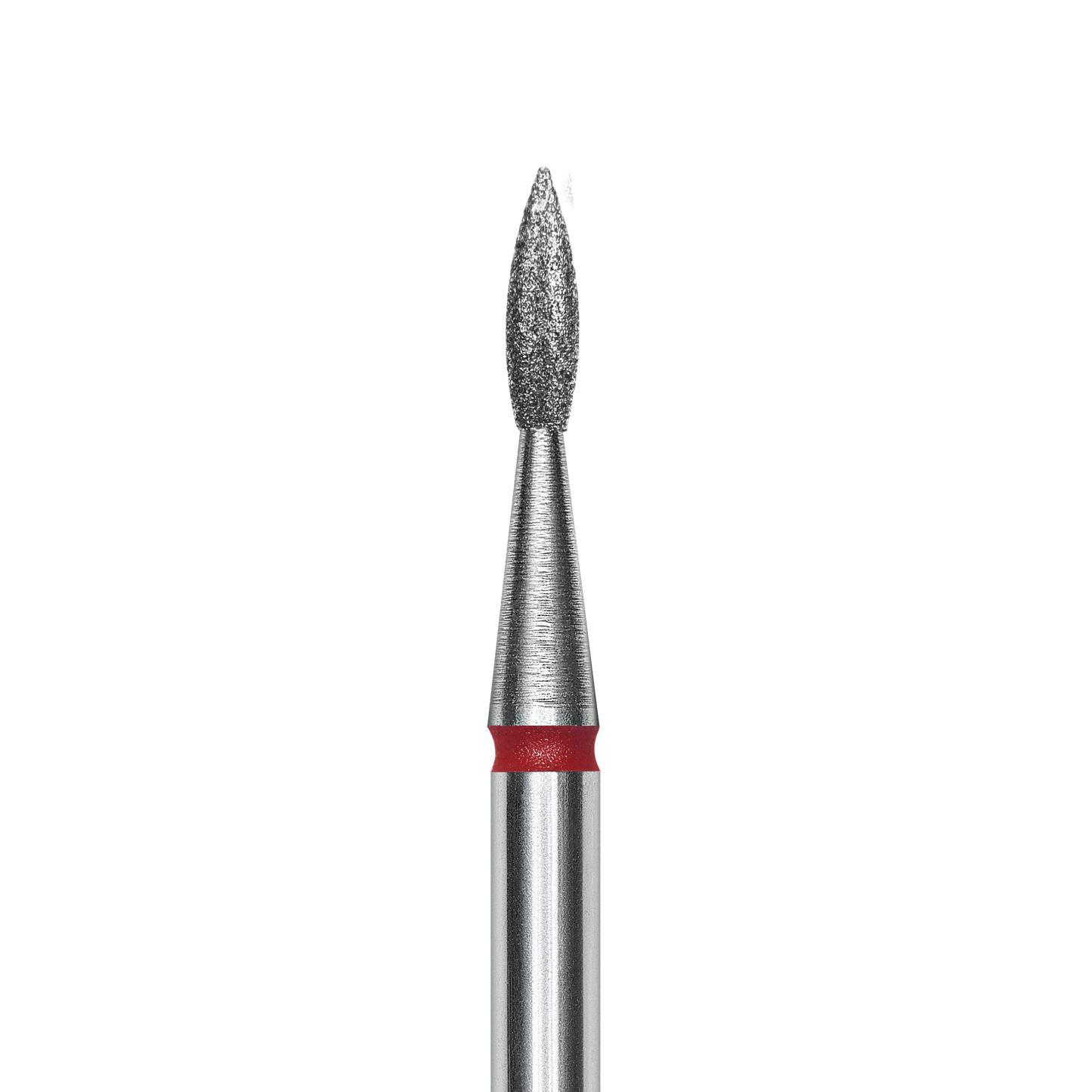 A close-up of the STALEKS PRO Diamond Nail Drill Bit Pointed (Flame) by Staleks, 2.3 mm head diameter and 8 mm working part, features a textured abrasive tip and red band, ideal for hardware manicures against a black background.