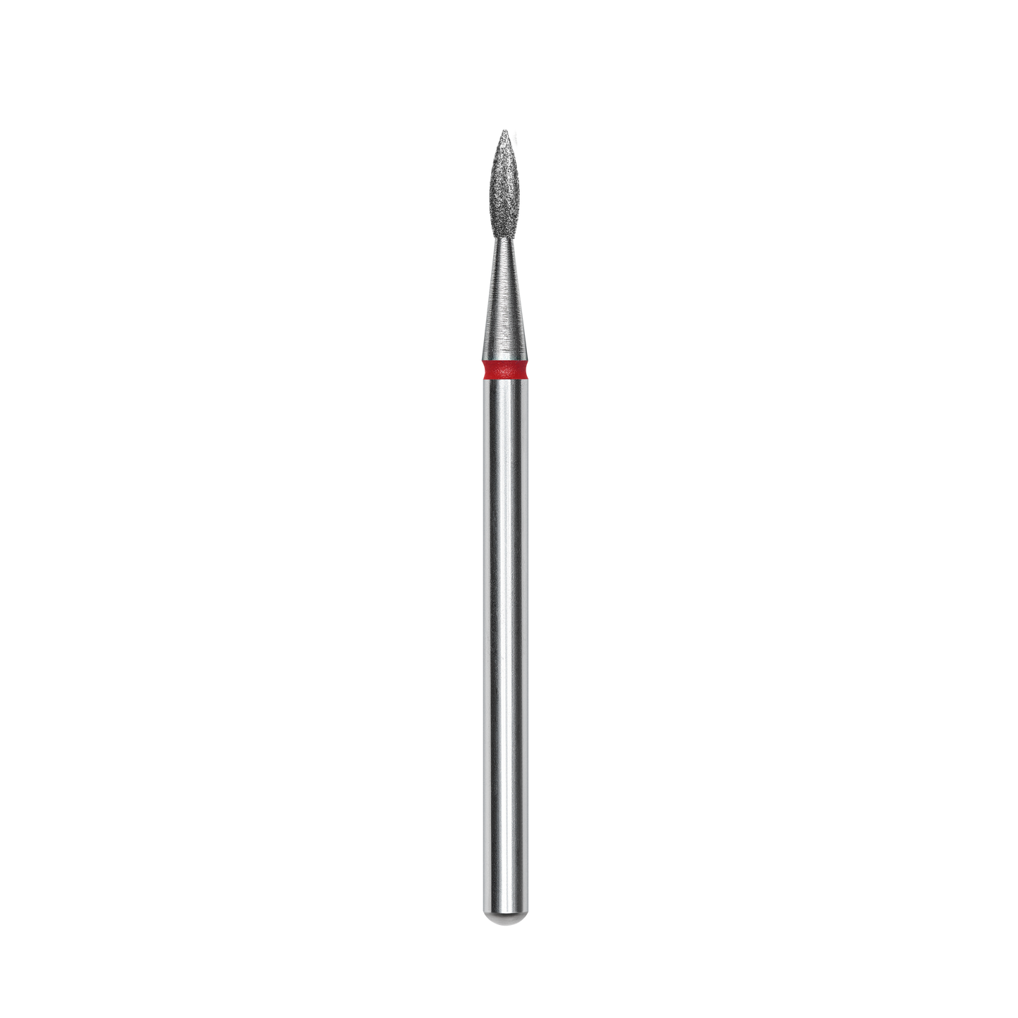 The Staleks PRO Diamond Nail Drill Bit Pointed (Flame), head diameter 2.3 mm, working part 8 mm, features a silver cylindrical design with a diamond-textured nozzle and red band—perfect for hardware manicure and sterilization-resistant.