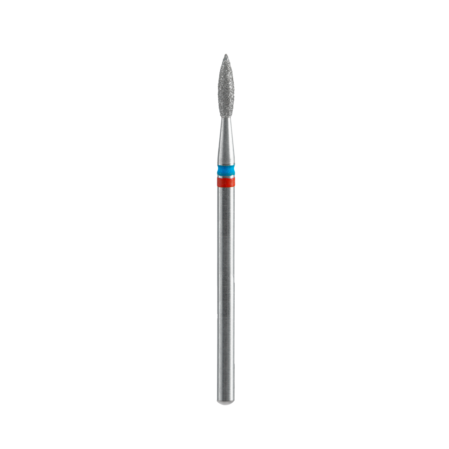 The Staleks PRO Diamond Nail Drill Bit DUO Flame Red-Blue EXPERT features a 2.1 mm head diameter, 8 mm working part, elongated flame-shaped diamond-coated tip, and blue/red bands, isolated on a black background.