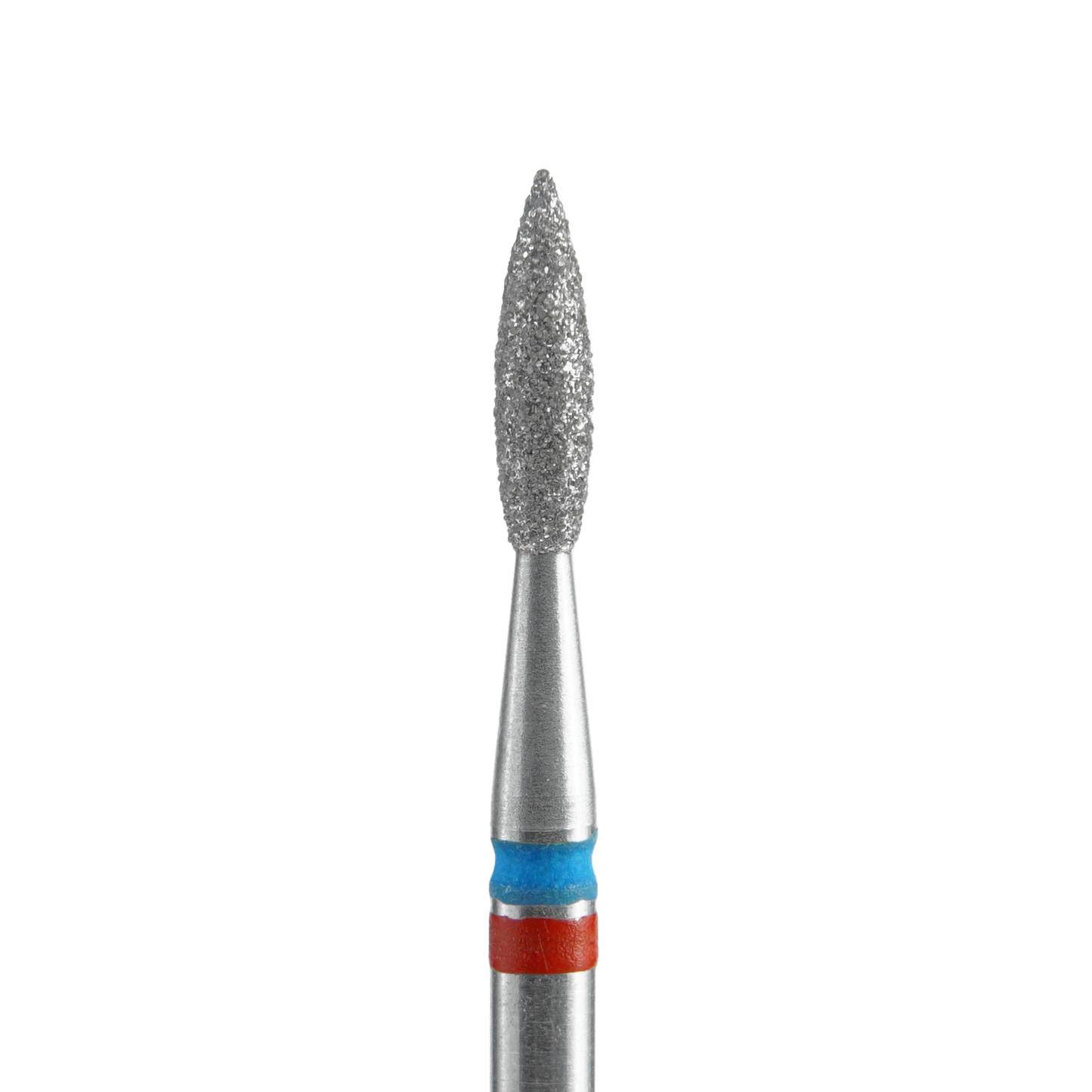 A close-up of the STALEKS PRO Diamond Nail Drill Bit DUO Flame Red-Blue EXPERT, featuring a 2.1 mm flame-shaped diamond tip, smooth metal shank, and blue and red rings near the base, set against a black background. Brand: Staleks.