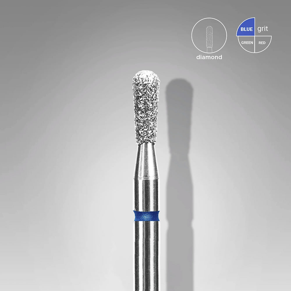 The STALEKS PRO Diamond Nail Drill Bit (Match) EXPERT by Staleks, featuring a 2.3 mm head and 5 mm working part, has a rounded diamond-coated top with a blue band for hardware manicures; icons show "diamond" and "blue grit" grades.