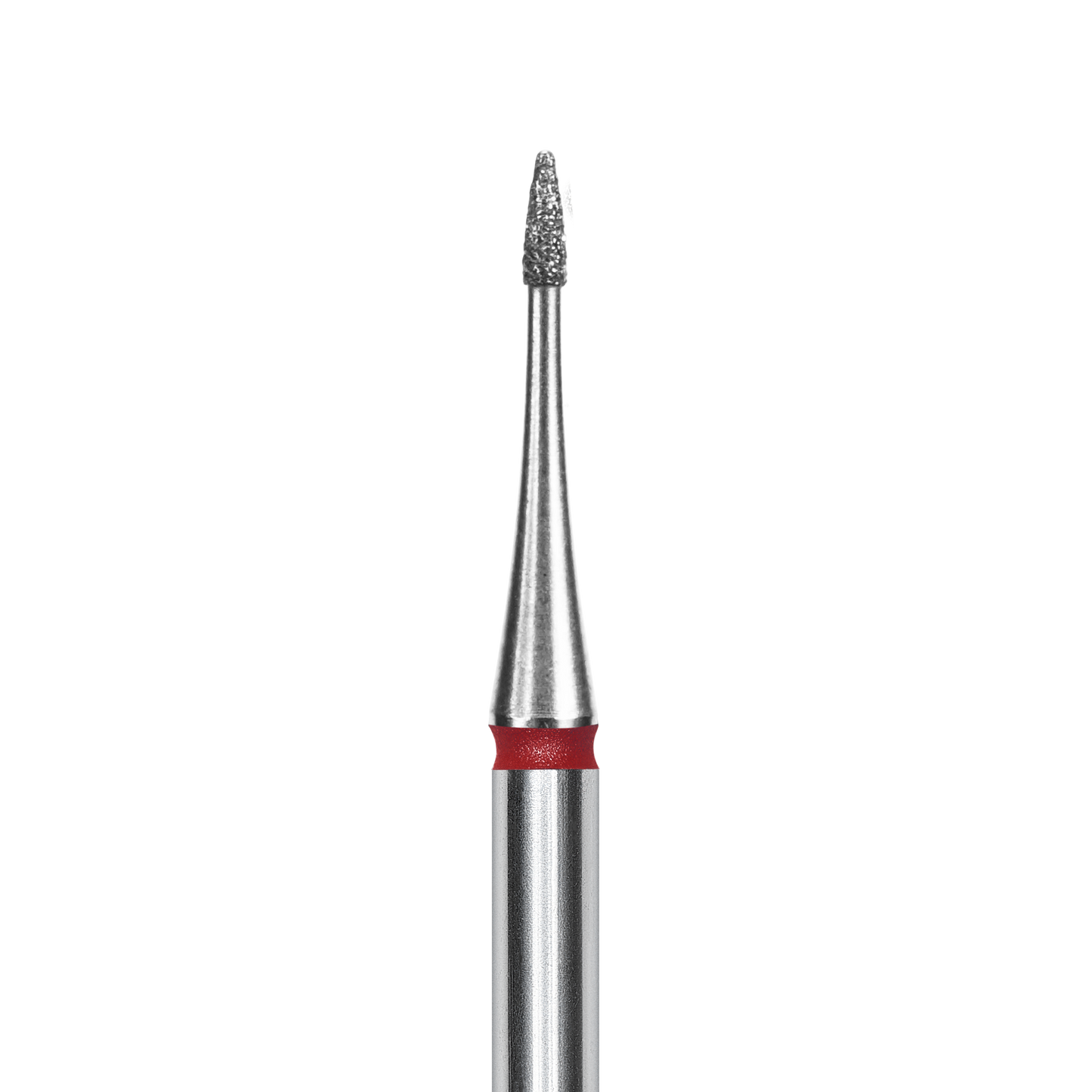 The STALEKS PRO Diamond Nail Drill Bit Flame Mini Red (1mm head, 3mm working part) by Staleks features a textured, diamond-coated tip for gentle abrasiveness and a red mark near the top, shown close-up against a black background.