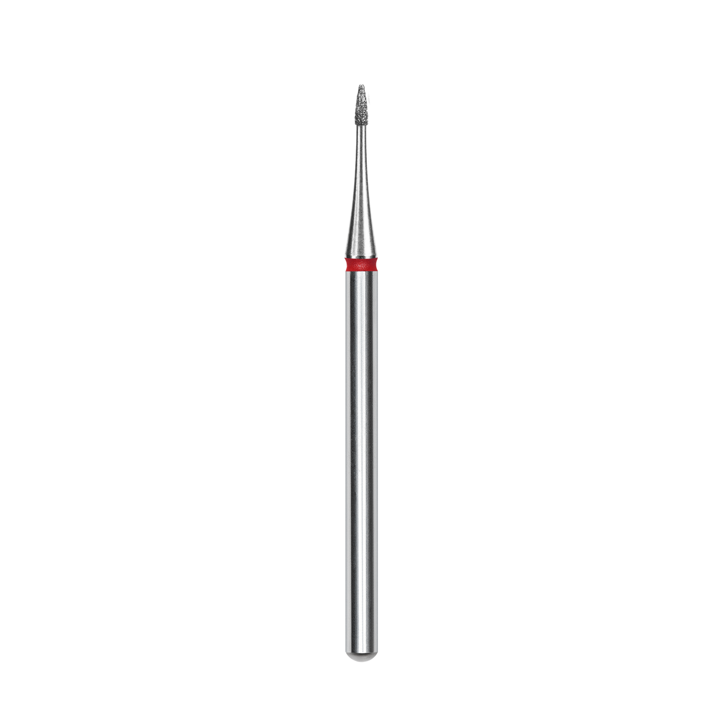 The STALEKS PRO Diamond Nail Drill Bit Flame Mini Red (1 mm head, 3 mm working part) from Staleks, featuring a red stripe and soft abrasiveness, is shown vertically against a black background.