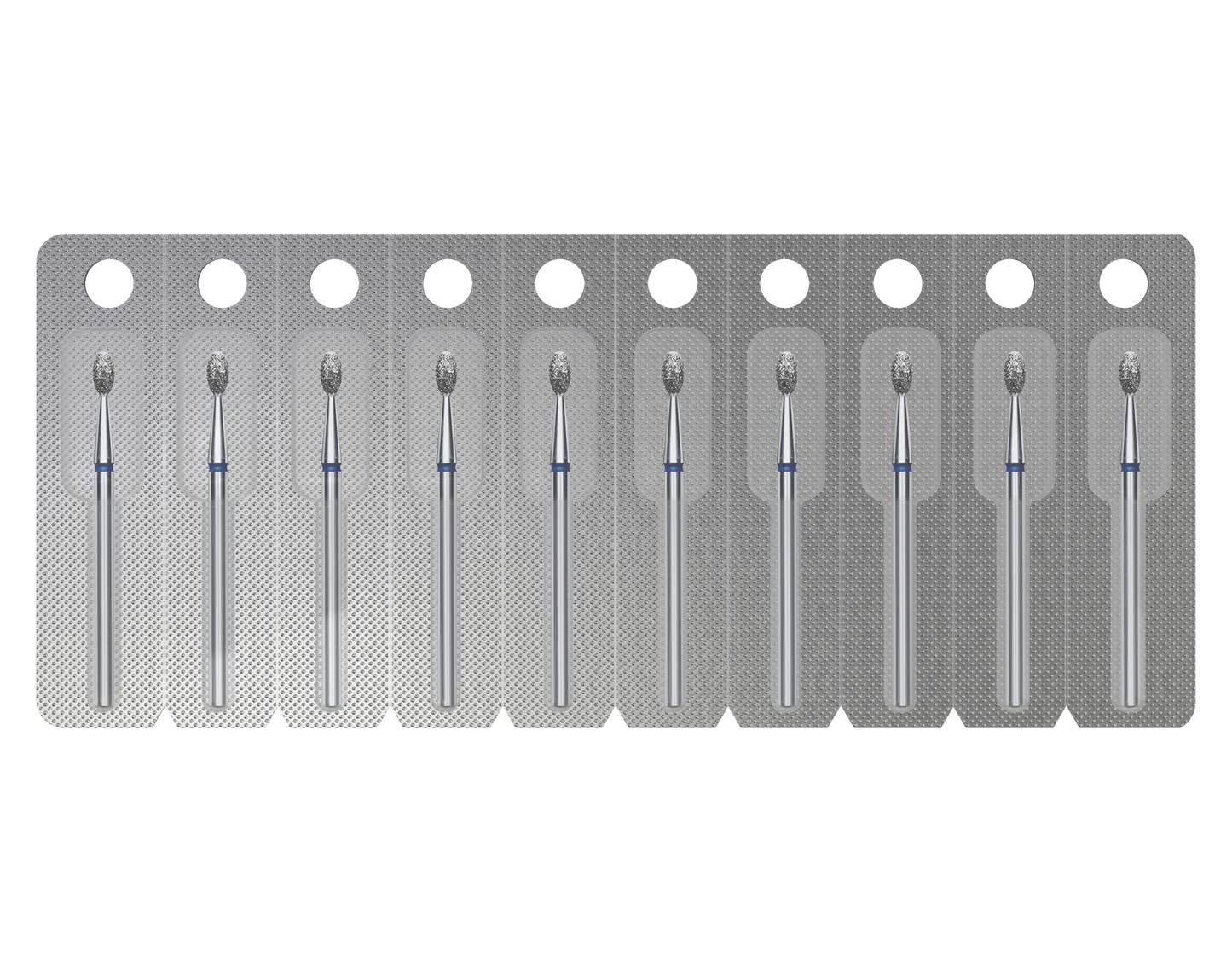 A strip of ten individually sealed Staleks PRO Diamond Nail Drill Bits (Olive EXPERT, 2.5 mm head/5 mm working part), each in plastic and foil blister packs for easy sterilization, ideal for manicures, arranged neatly in a row.