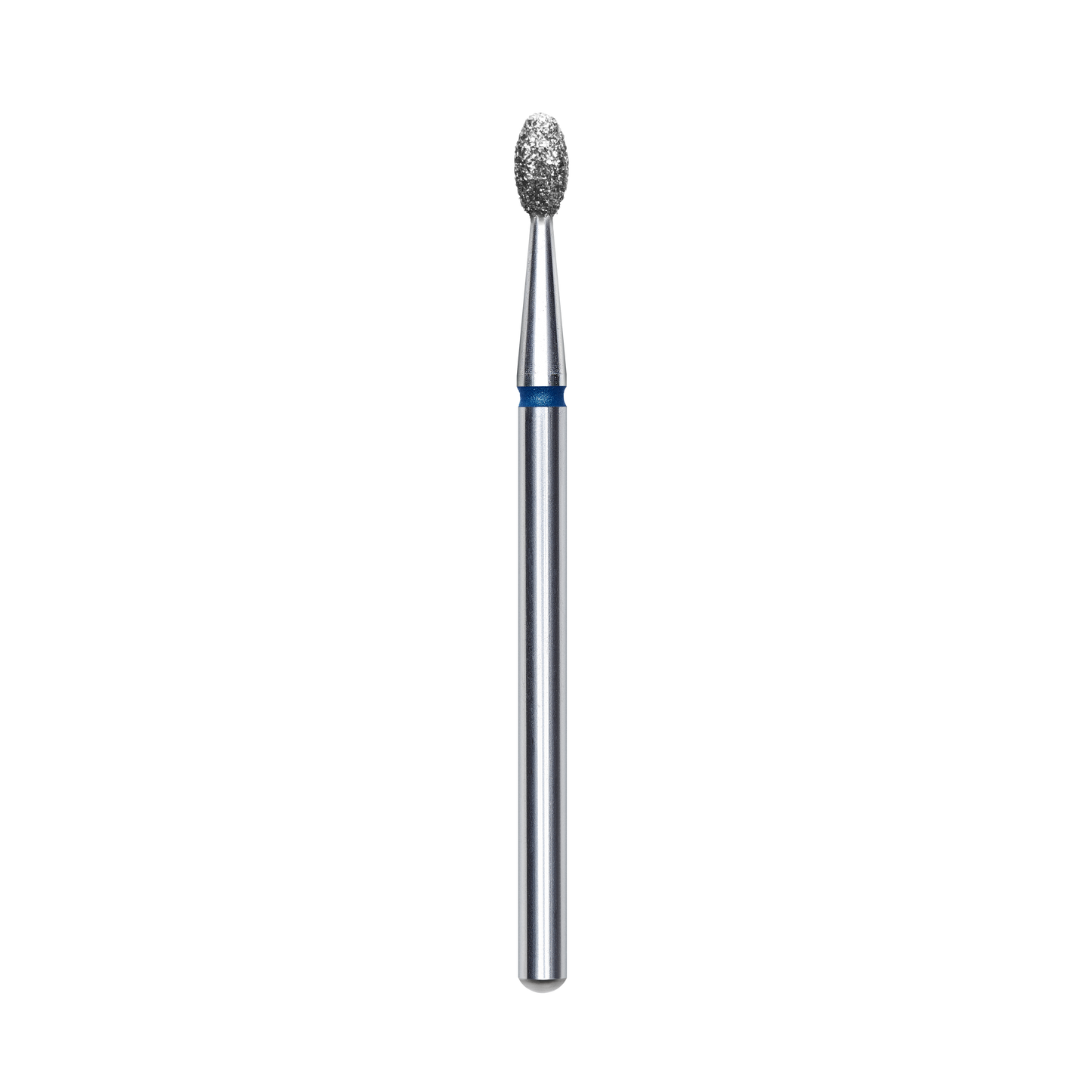 The Staleks PRO Diamond Nail Drill Bit Olive EXPERT features a 2.5 mm head and 5 mm working part, with a textured, oval-shaped diamond tip and blue ring—ideal for hardware manicures and easy to sterilize.