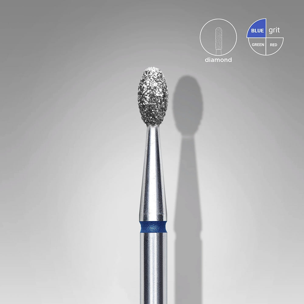 Close-up of the STALEKS PRO Diamond Nail Drill Bit Olive EXPERT (2.5 mm head, 5 mm working part) by Staleks with a blue band and metallic handle. Gray background shows "diamond" material, "blue" grit, and safe sterilization icons.