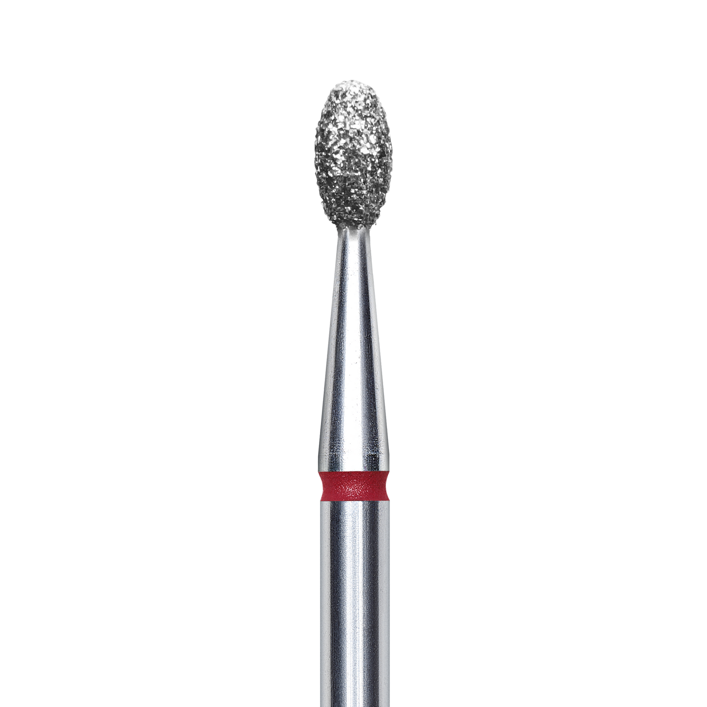 A close-up of the Staleks STALEKS PRO Diamond Nail Drill Bit Olive EXPERT (2.5 mm head, 5 mm working part) with a diamond nozzle and red band—ideal for hardware manicure and easy sterilization—set against a black background.