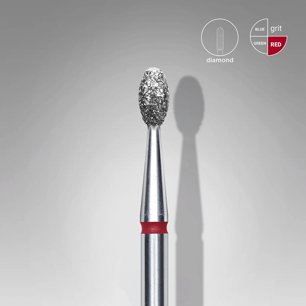 A close-up of the Staleks STALEKS PRO Diamond Nail Drill Bit Olive EXPERT (2.5 mm head, 5 mm working part), with a red band, stands upright on a gray background. Grit icons highlight red—ideal for hardware manicure and easy sterilization.