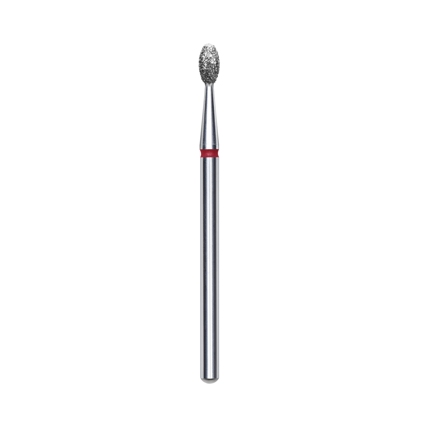 The STALEKS PRO Diamond Nail Drill Bit Olive EXPERT by Staleks features a silver, cylindrical body with a textured diamond nozzle, a red band near the top, 2.5 mm head diameter, and 5 mm working part—ideal for hardware manicure against a black background.