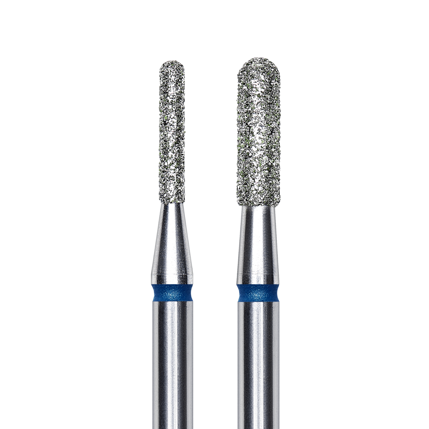 Two STALEKS PRO Diamond nail drill bits with cylindrical heads and blue bands near the base, designed for cuticle removing, isolated on a white background.