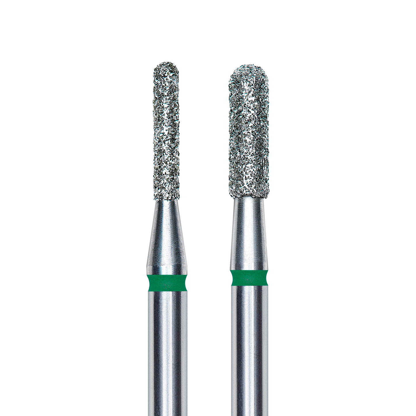 Two STALEKS PRO Diamond nail drill bits with abrasive surfaces, metallic shafts, and green identification bands, isolated on a white background.