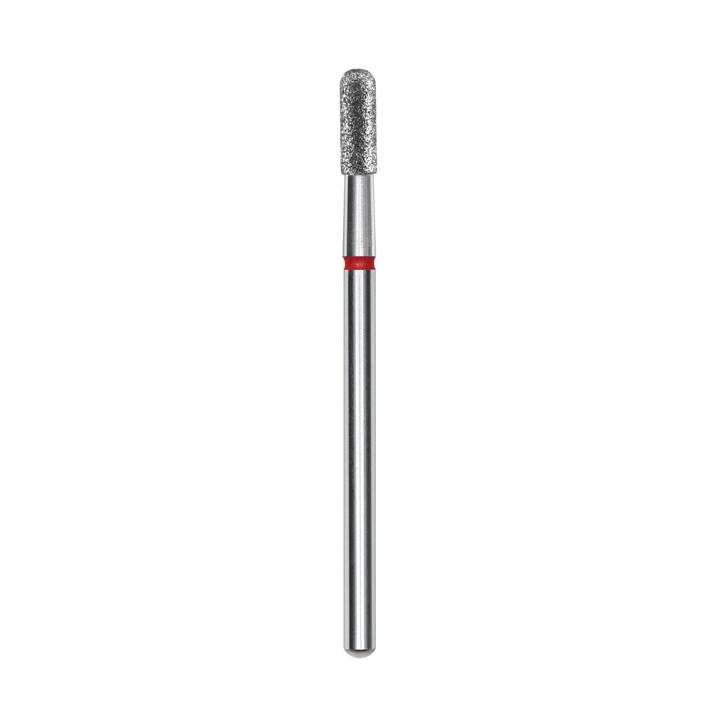 The STALEKS PRO Diamond Nail Drill Bit (Rounded Cylinder), by Staleks, features a 2.3 mm head and 6.5 mm working part with a red band—perfect for hardware manicures—shown here against a black background.