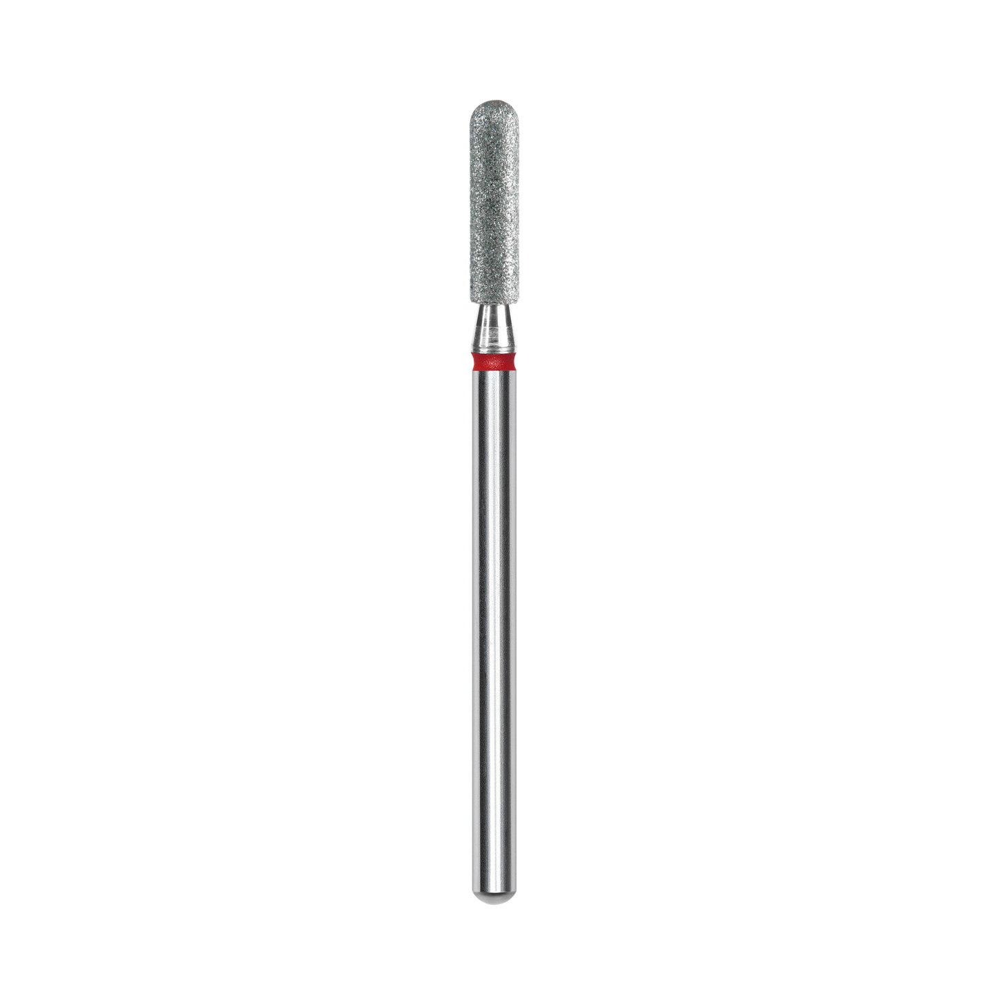 The STALEKS PRO Diamond Nail Drill Bit (Rounded Cylinder) by Staleks features a 2.5mm diameter, 10mm working part, metallic silver shaft, red ring at the base, and textured diamond coating—ideal for manicure/pedicure, shown on a black background.