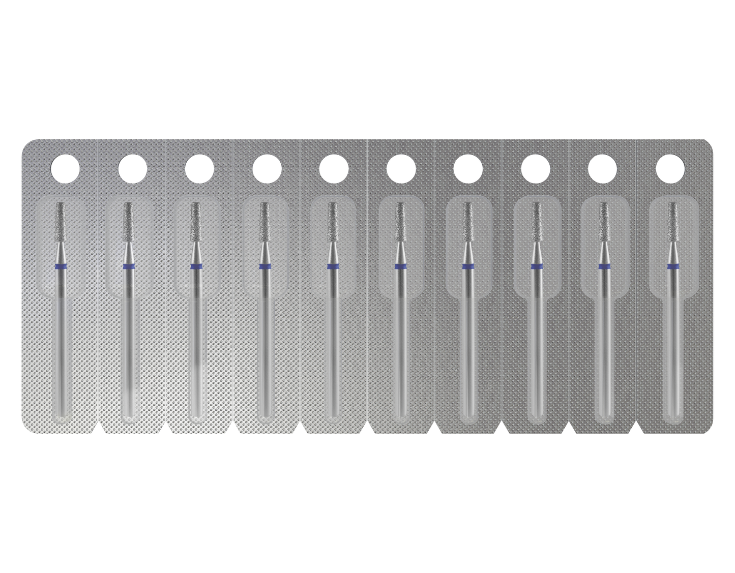 A blister pack of ten individually sealed STALEKS PRO Diamond Nail Drill Bits (Frustum), each with a 2.5 mm head and 8 mm working part, ideal for precise manicure/pedicure and nail polishing, arranged in a single row.