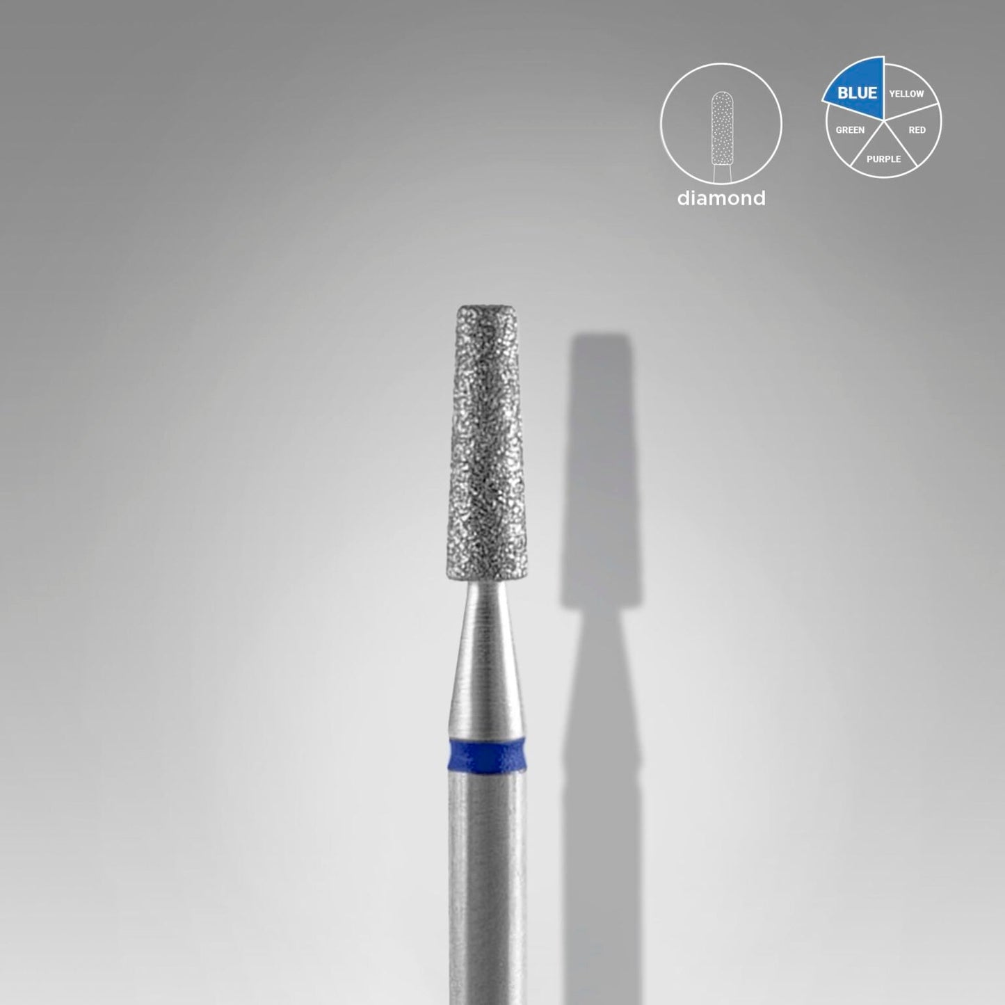 A close-up of the STALEKS PRO Diamond Nail Drill Bit (Frustum), 2.5mm head/8mm working part, with a blue band on a metallic shaft. Icons show it’s ideal for hardware manicure/pedicure and nail polishing, blue grit level. Brand: Staleks.