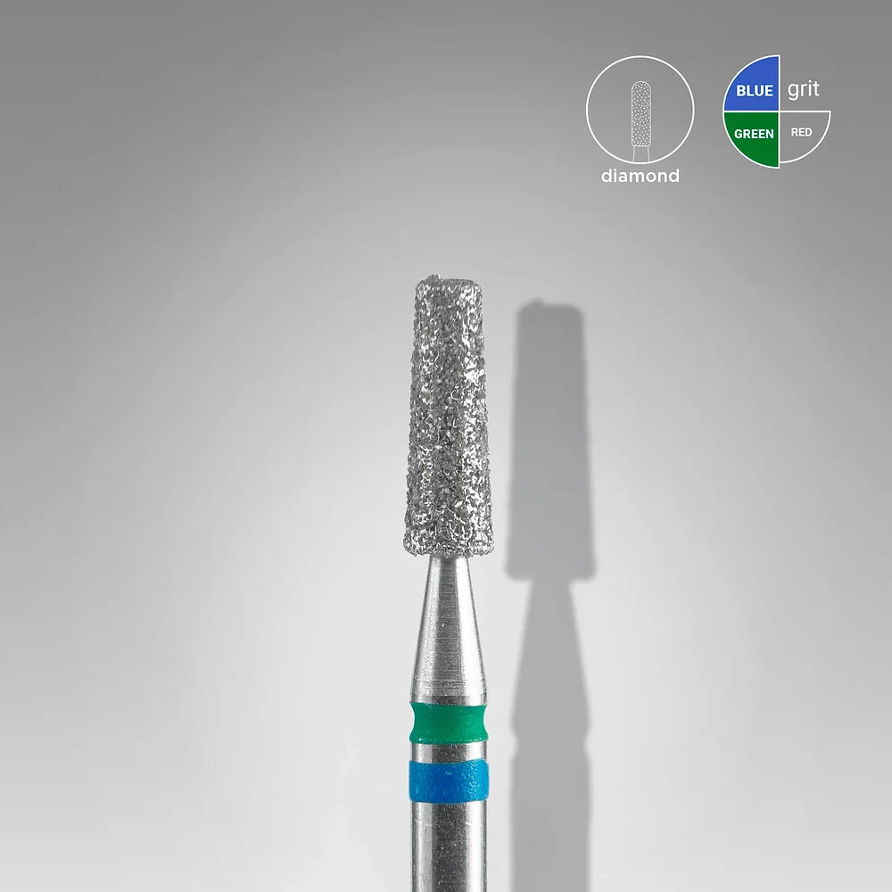 A close-up of the STALEKS PRO Diamond Nail Drill Bit DUO Cone (2.5 mm head, 8 mm working part) by Staleks, used for hardware manicure/pedicure; blue and green bands show medium and coarse grit per the chart in the top right corner.