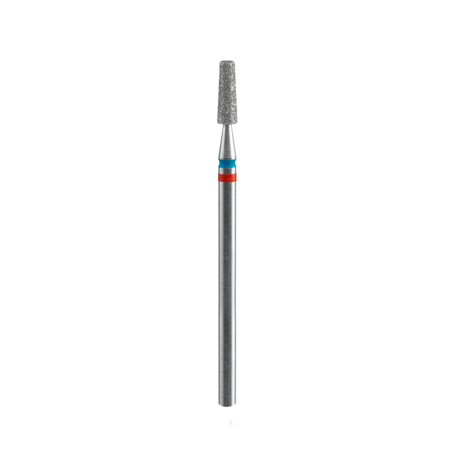 A close-up of the STALEKS PRO Diamond Nail Drill Bit DUO Cone EXPERT (2.5 mm head, 8 mm working part) from Staleks, with a cylindrical shaft and tapered tip marked with red and blue bands, set against a black background.
