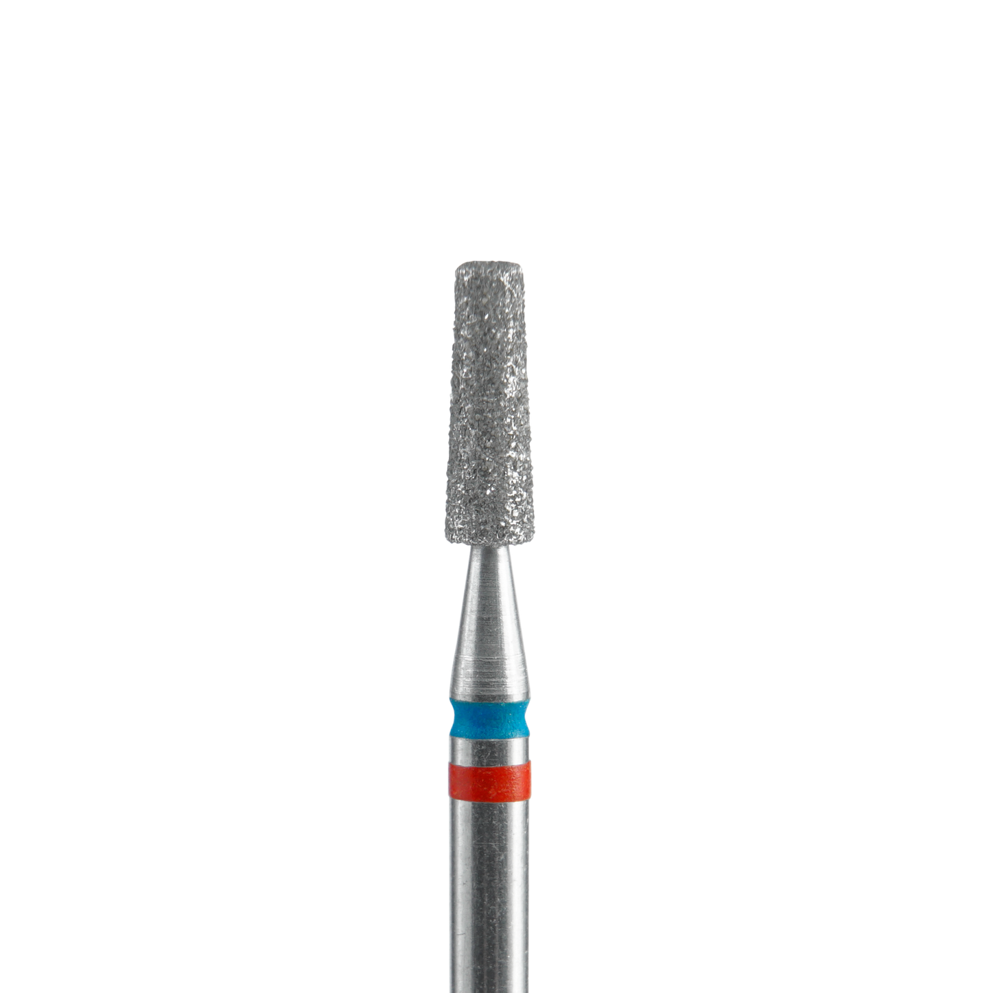 A close-up of the Staleks STALEKS PRO Diamond Nail Drill Bit DUO Cone EXPERT (2.5 mm head, 8 mm working part) shows its textured gray tip and metal shaft with blue and red bands, used for manicure or pedicure, set against a black background.