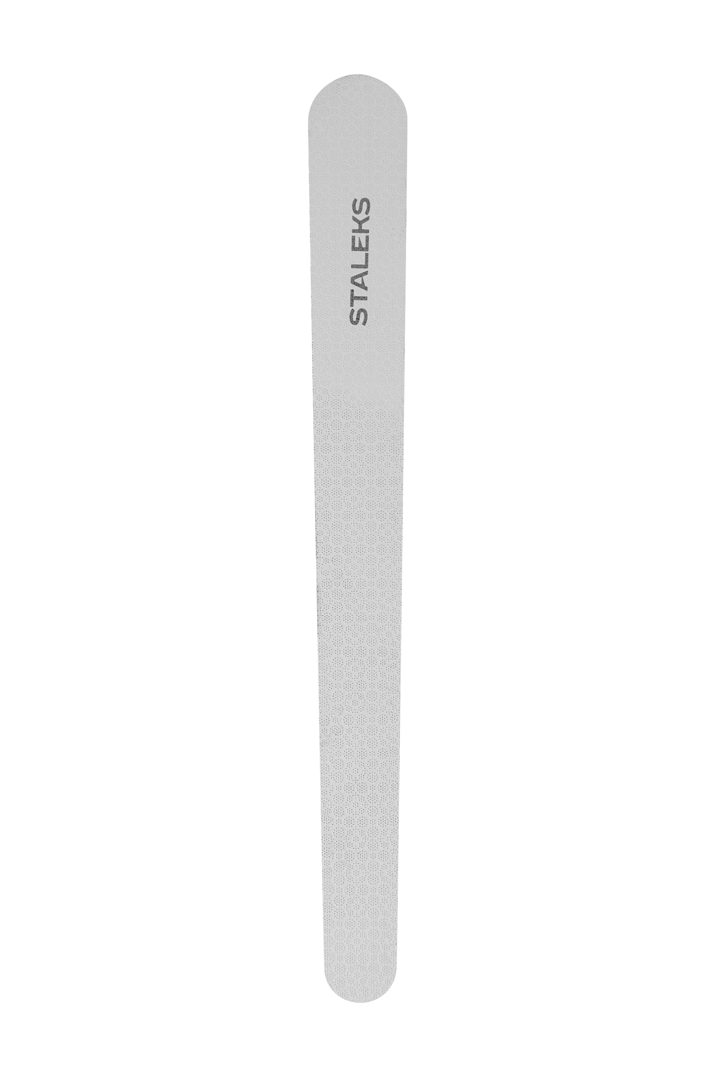 The STALEKS PRO Laser Nail File BEAUTY & CARE 20 (110 mm) is a single gray stainless steel file with a rounded end, featuring the Staleks logo vertically near the top—perfect for precise manicures and pedicures.