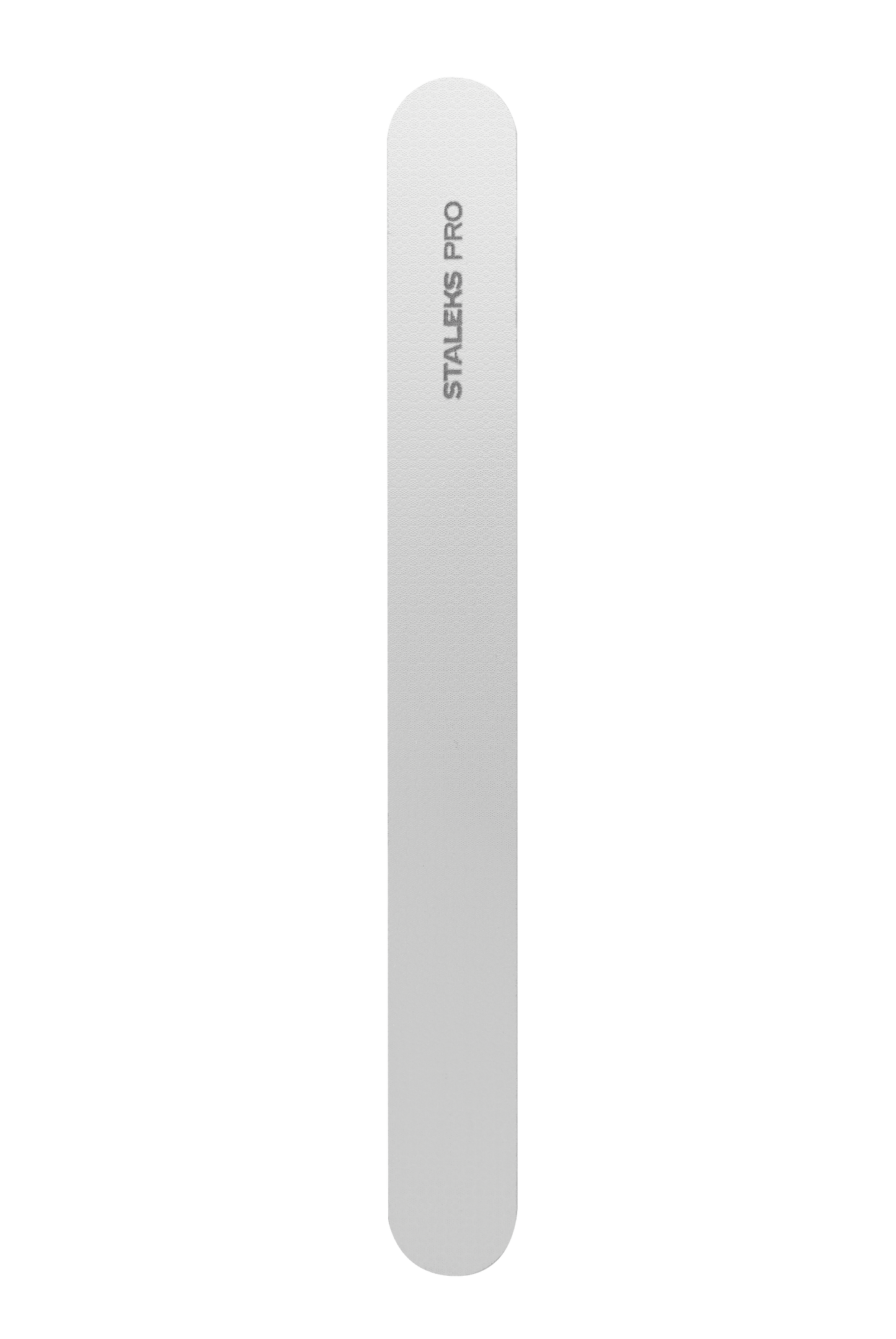 The STALEKS PRO Laser Nail File EXPERT 10 (165 mm) by Staleks is a white file with rounded edges and "STALEKS PRO" printed vertically at the top—ideal for manicures and pedicures, shown on a plain black background.